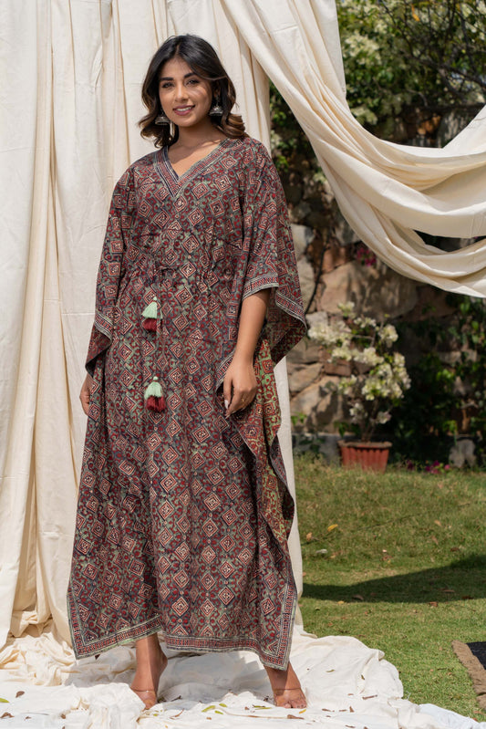 NATURAL AJRAKH BLOCK PRINT KAFTAN-NVK276