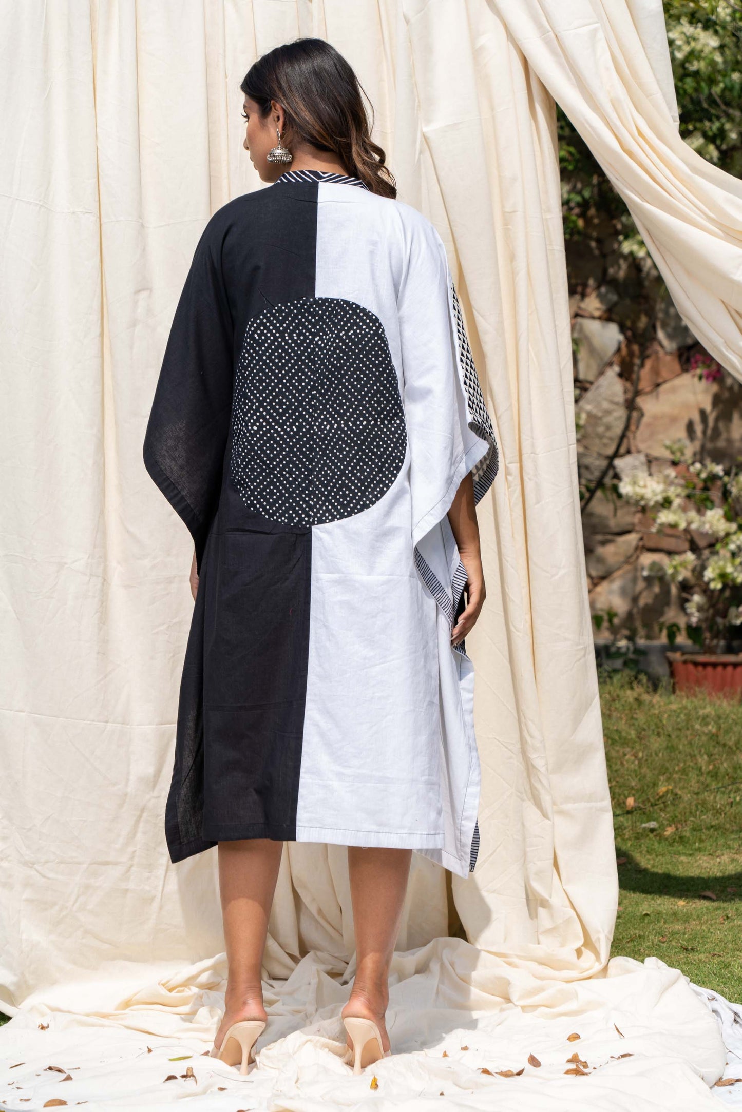 BLACK WHITE PATCH WORK COTTON KAFTAN-NVK293