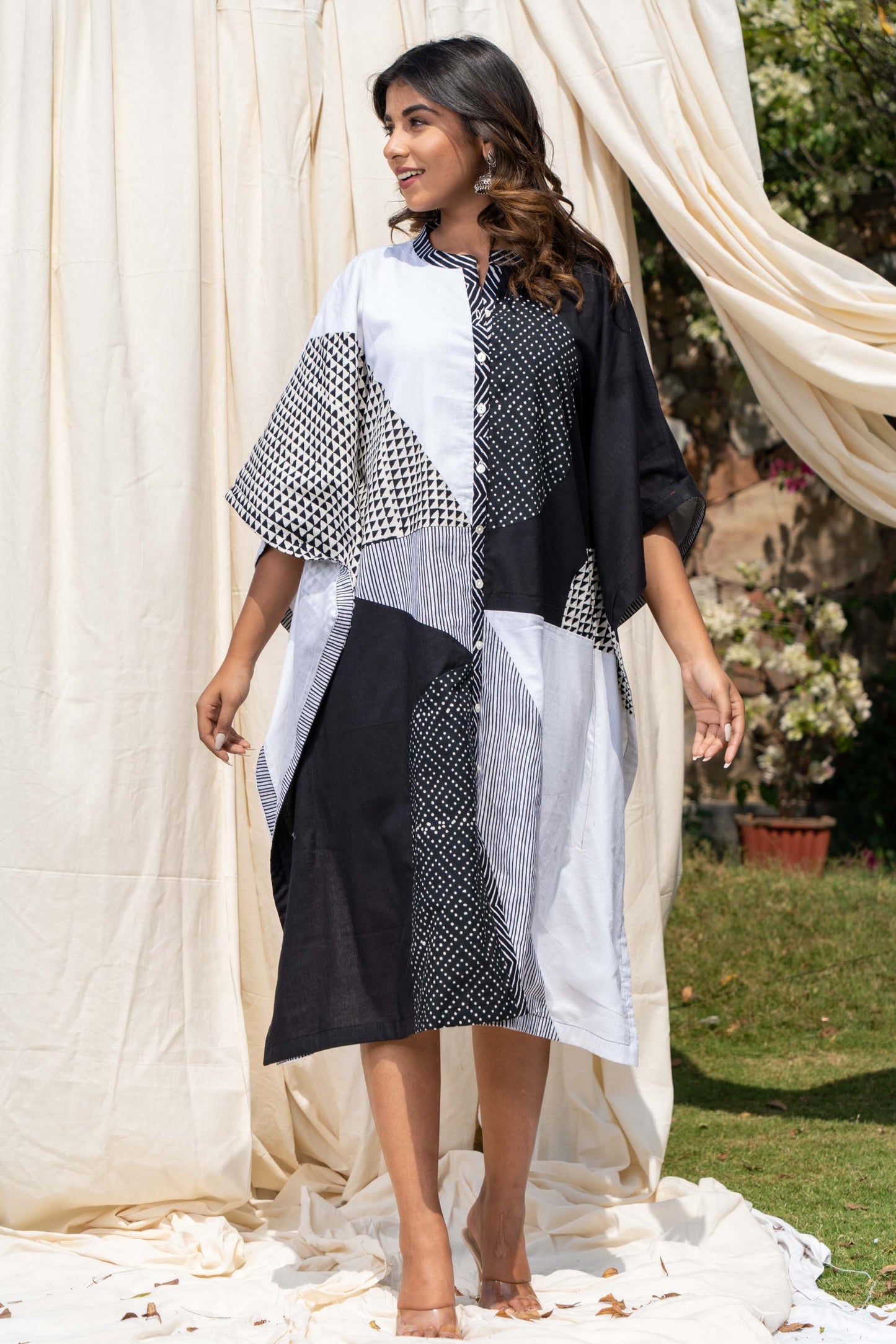 BLACK WHITE PATCH WORK COTTON KAFTAN-NVK293