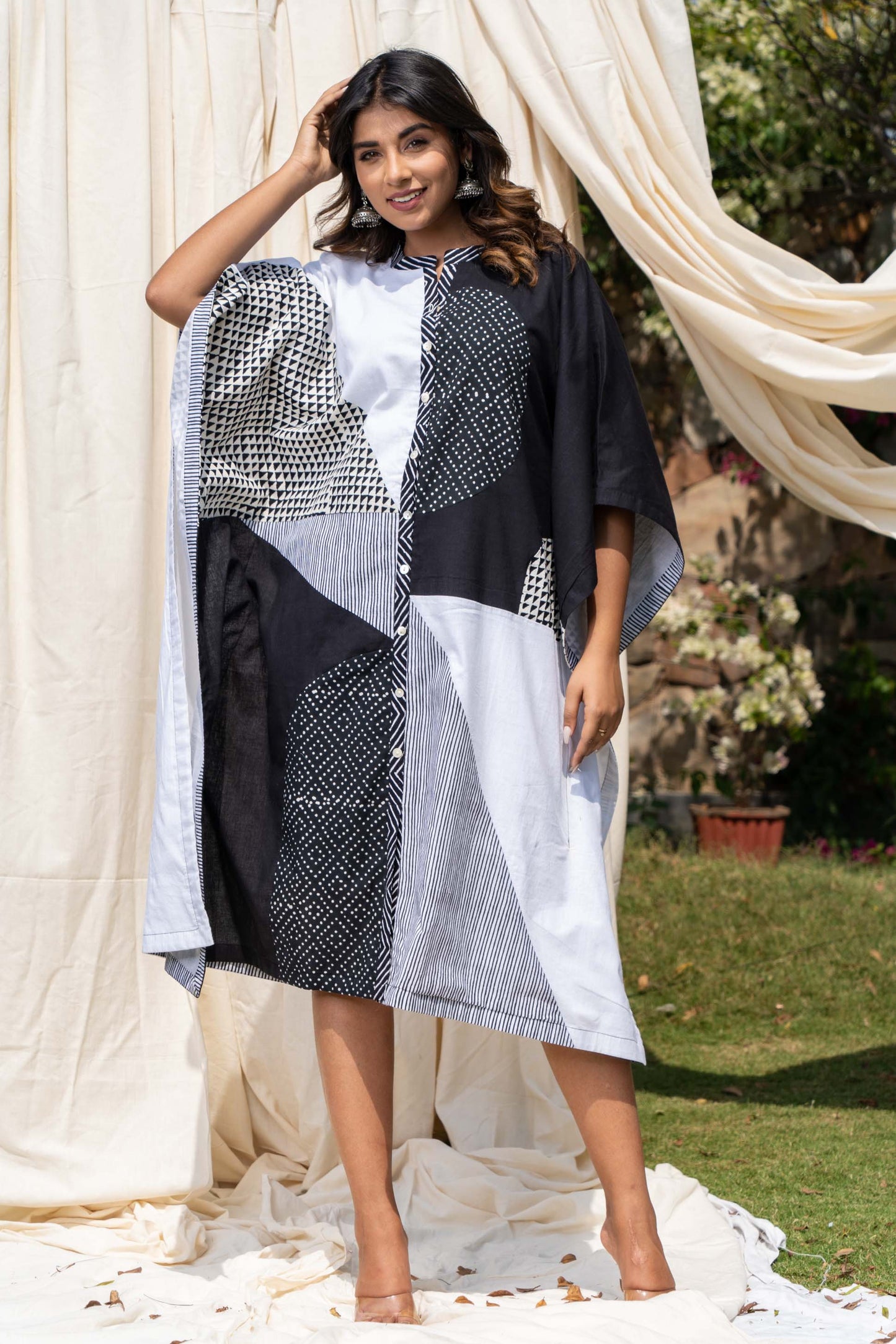 BLACK WHITE PATCH WORK COTTON KAFTAN-NVK293