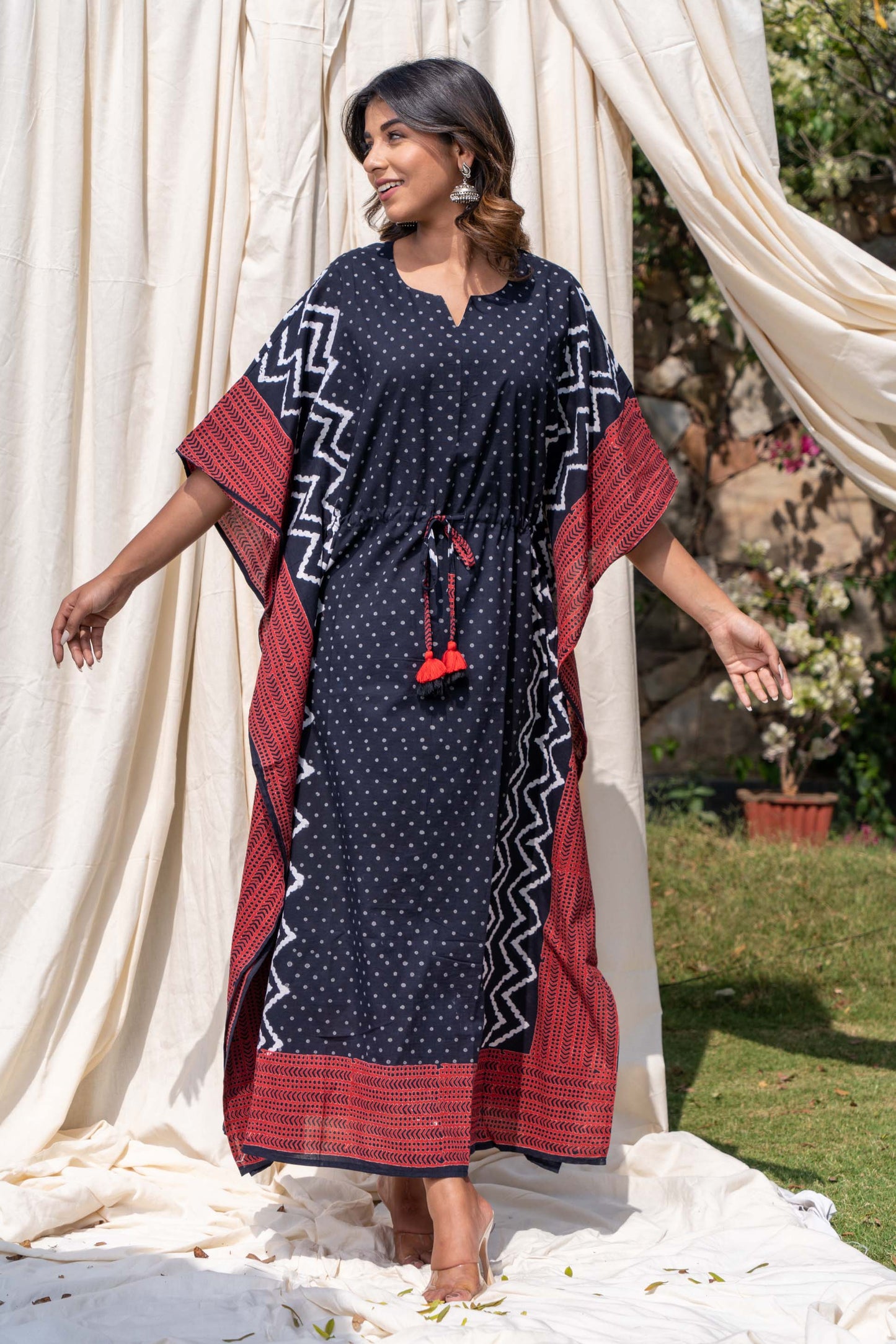 GEOMETRIC BLOCK PRINTED COTTON KAFTAN-NVK286