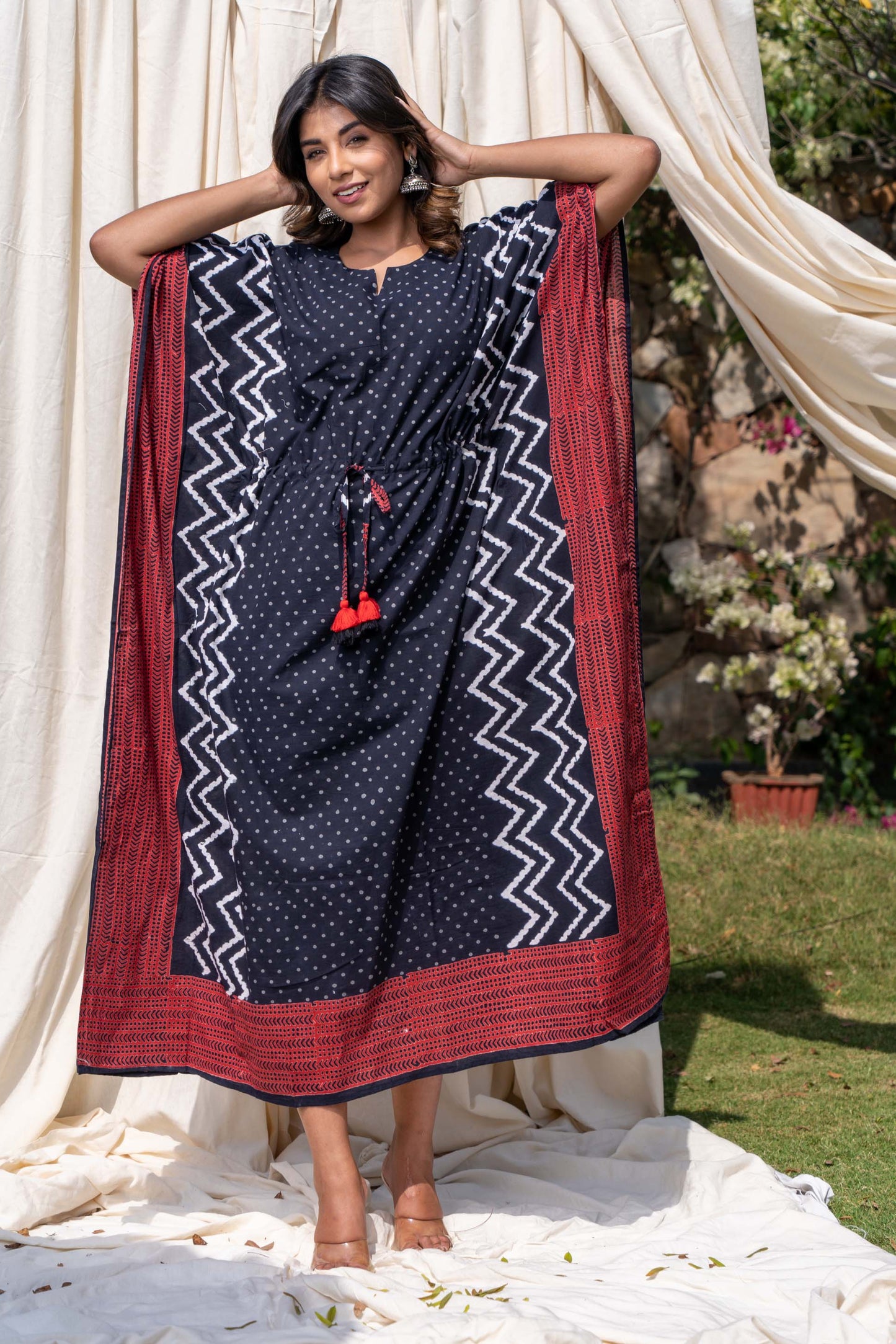 GEOMETRIC BLOCK PRINTED COTTON KAFTAN-NVK286