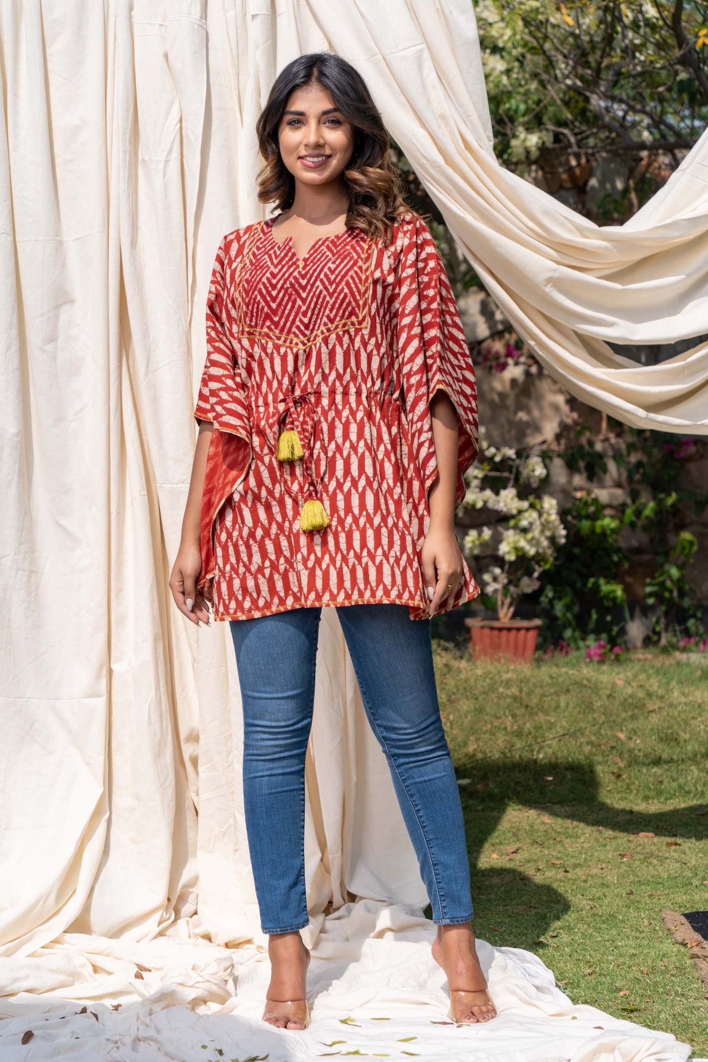 BAGRU RED BLOCK PRINTED KAFTAN TOP-NFT111