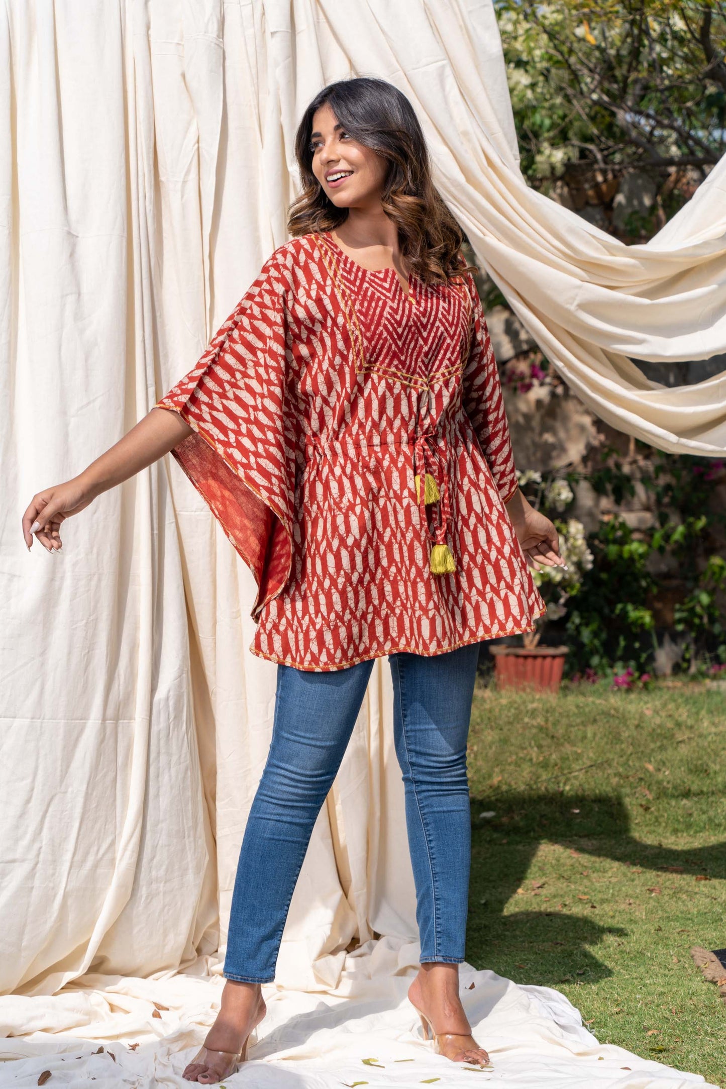 BAGRU RED BLOCK PRINTED KAFTAN TOP-NFT111