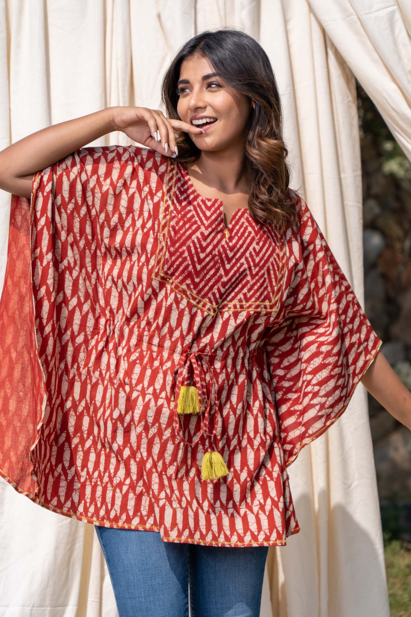 BAGRU RED BLOCK PRINTED KAFTAN TOP-NFT111