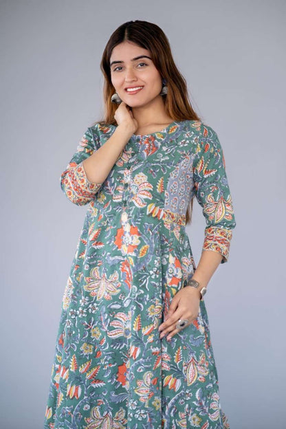 GREEN BLOCK PRINTED ANARKALI KURTA -NVKS766