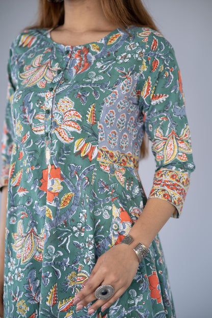 GREEN BLOCK PRINTED ANARKALI KURTA -NVKS766
