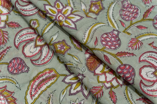 GREY PINK FLORAL BLOCK PRINTED FABRIC-HF5237