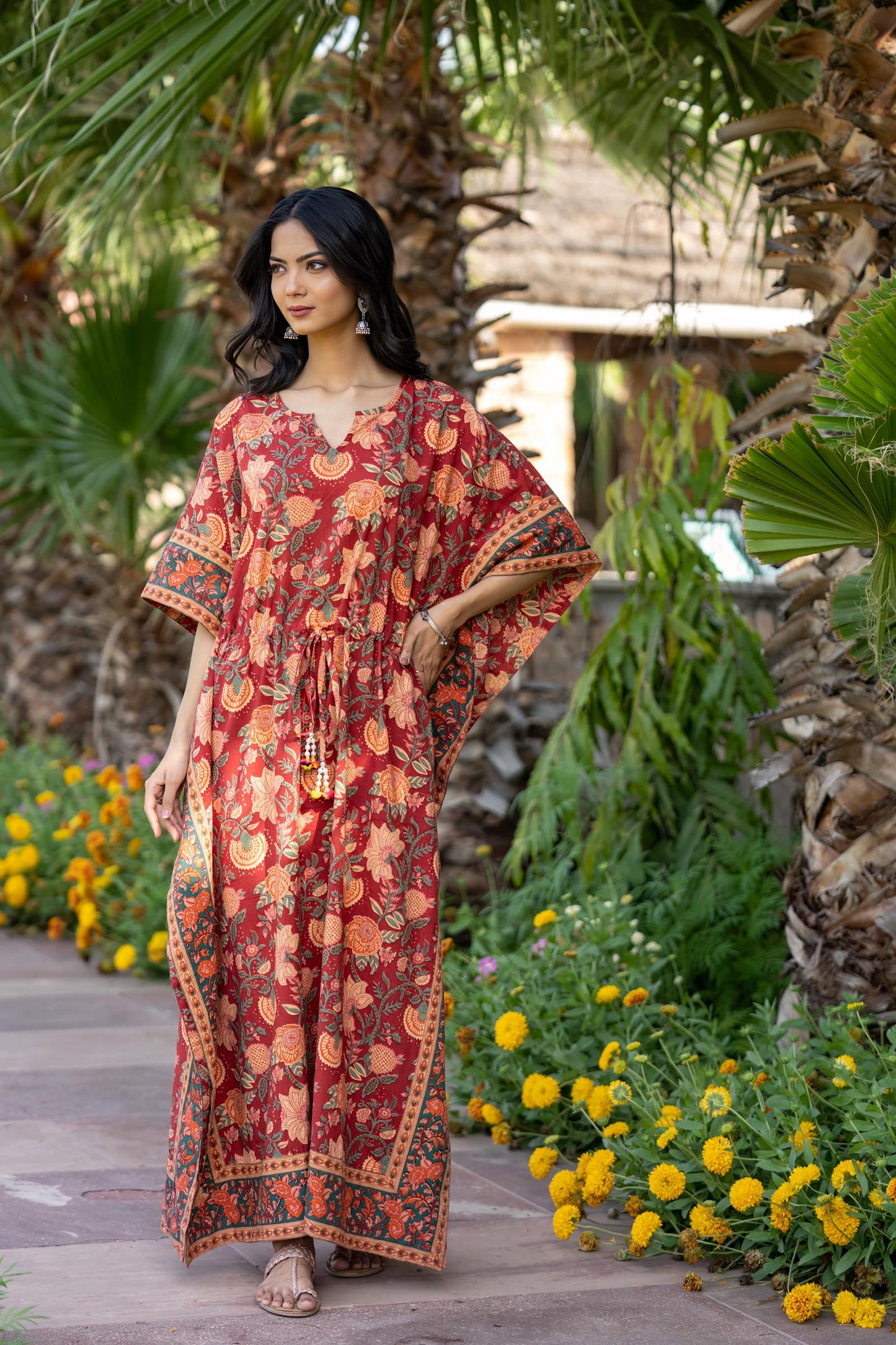 Red Floral Long Kaftan-NVK459