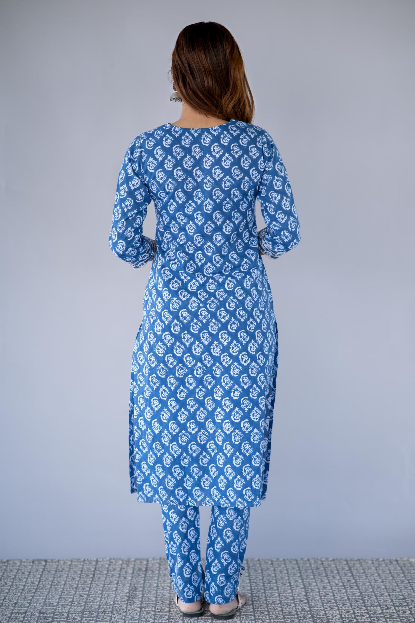 BLUE BLOCK PRINTED KURTA PANT SET-NVKS714