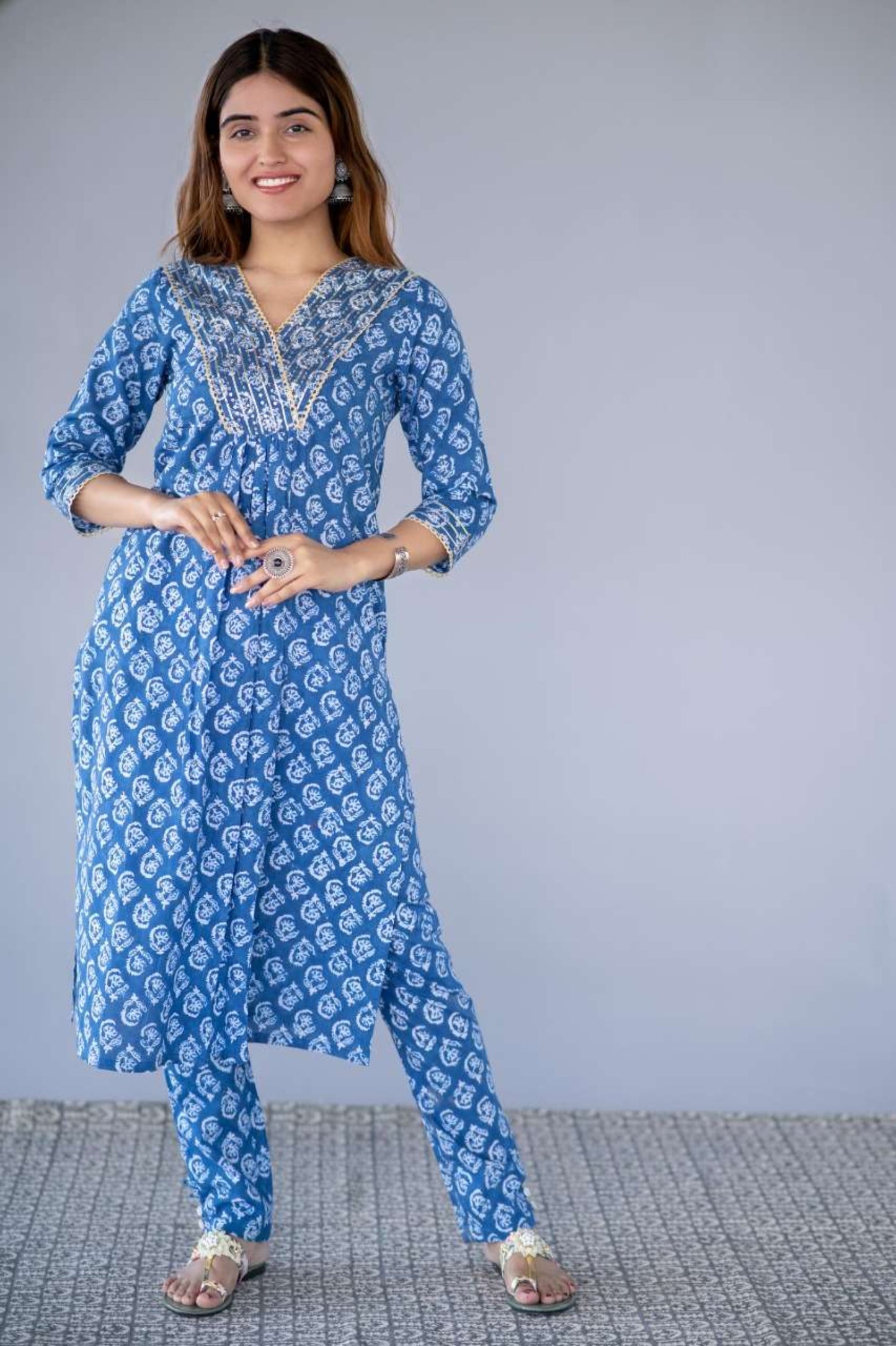 BLUE BLOCK PRINTED KURTA PANT SET-NVKS714