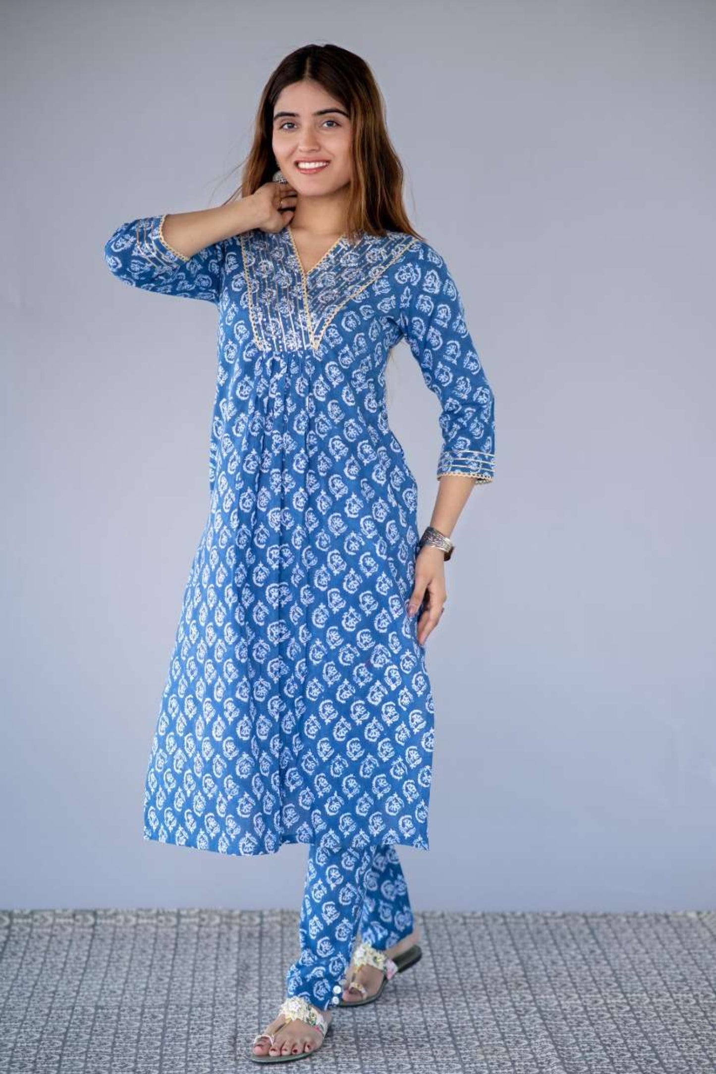 BLUE BLOCK PRINTED KURTA PANT SET-NVKS714