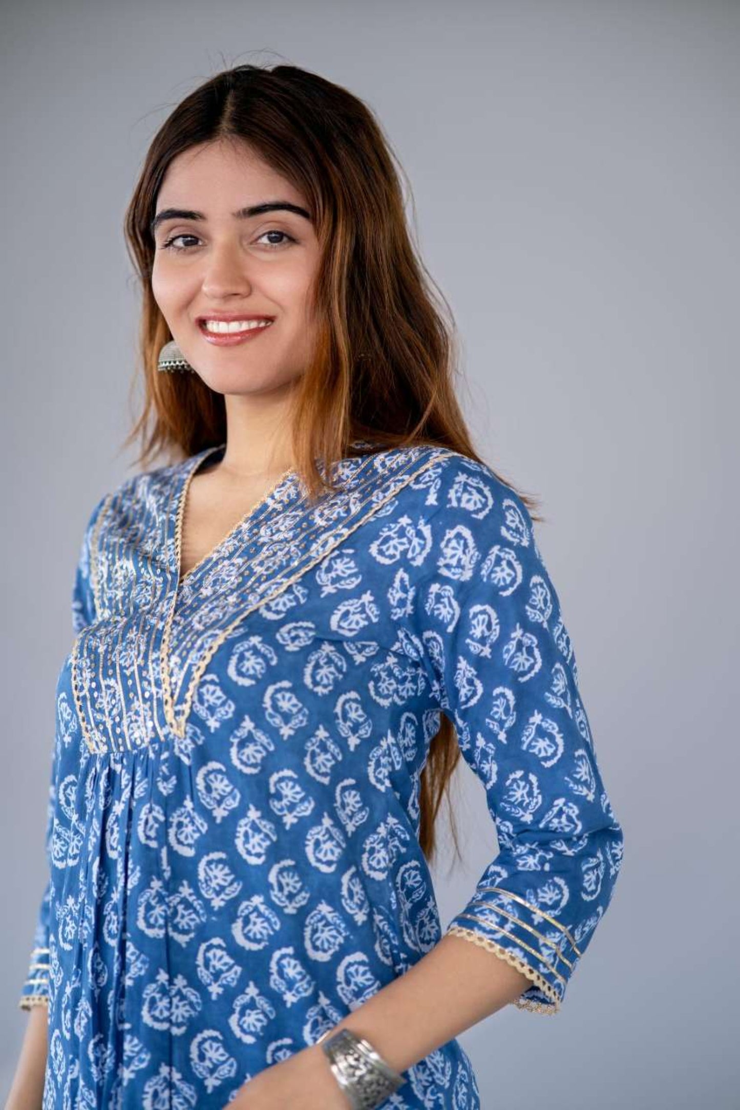 BLUE BLOCK PRINTED KURTA PANT SET-NVKS714