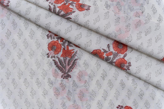 PEACH FLORAL HAND BLOCK PRINTED COTTON FABRIC-HF5107