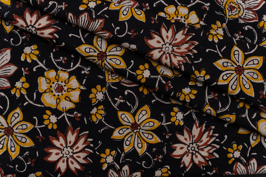 BLACK FLORAL HAND BLOCK PRINTED COTTON FABRIC-HF5087