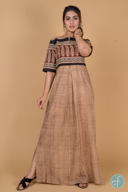 BROWN BRUSH BLOCK PRINT NIGHT GOWN-NG26