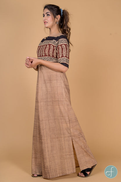 BROWN BRUSH BLOCK PRINT FEEDING GOWN-NG21