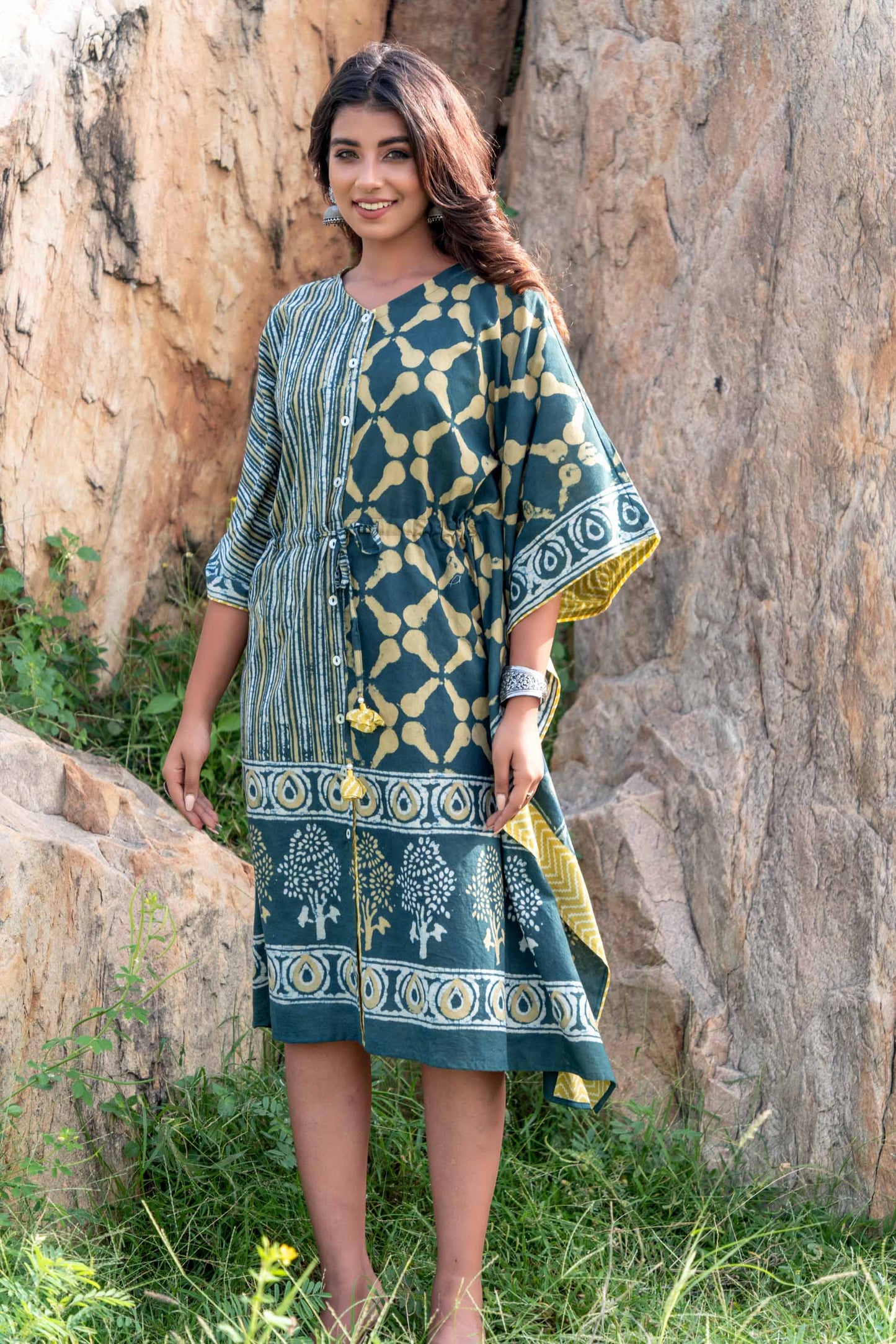 TEAL GREEN DESIGNER BLOCK PRINT KAFTAN DRESS-NVK230