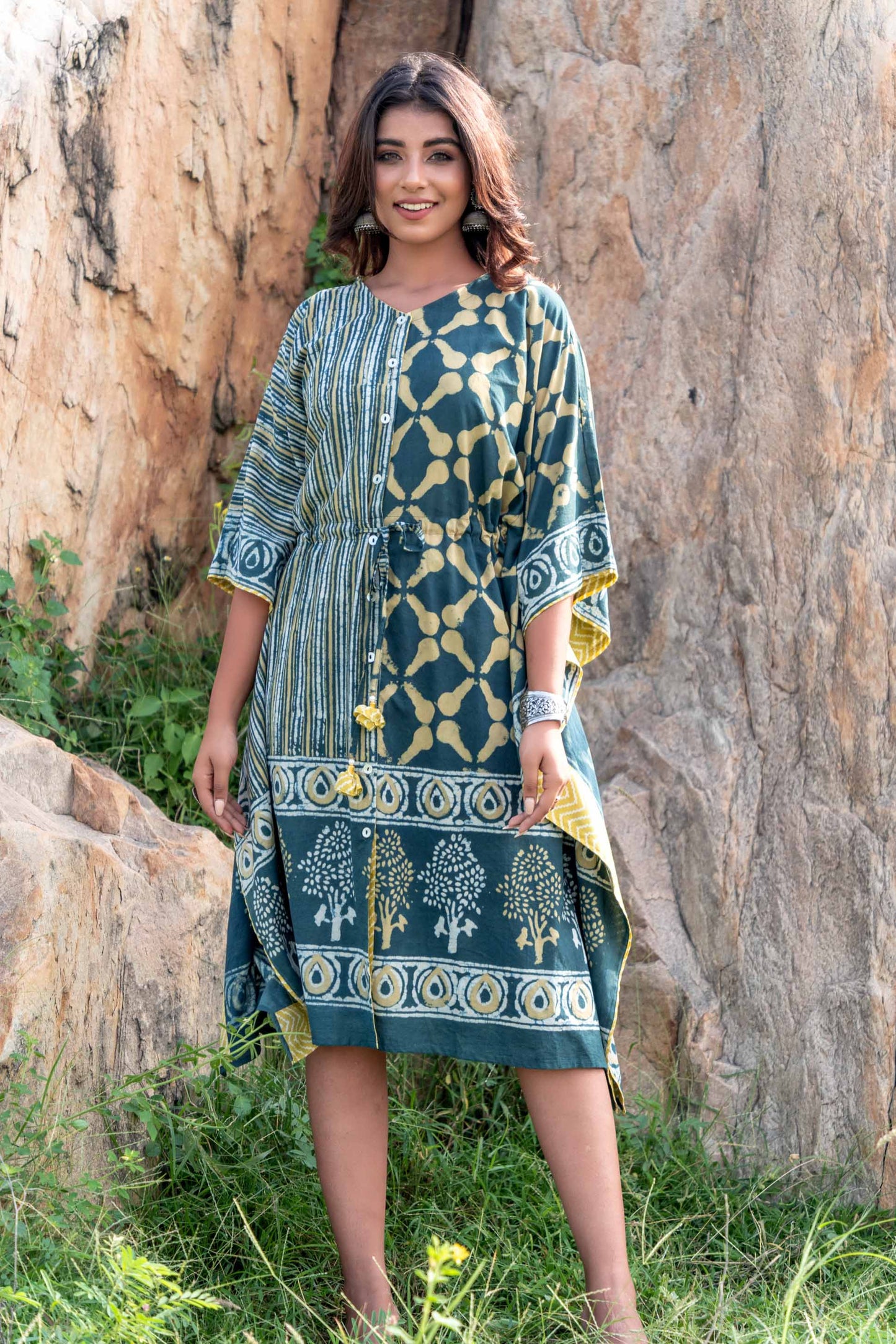 TEAL GREEN DESIGNER BLOCK PRINT KAFTAN DRESS-NVK230