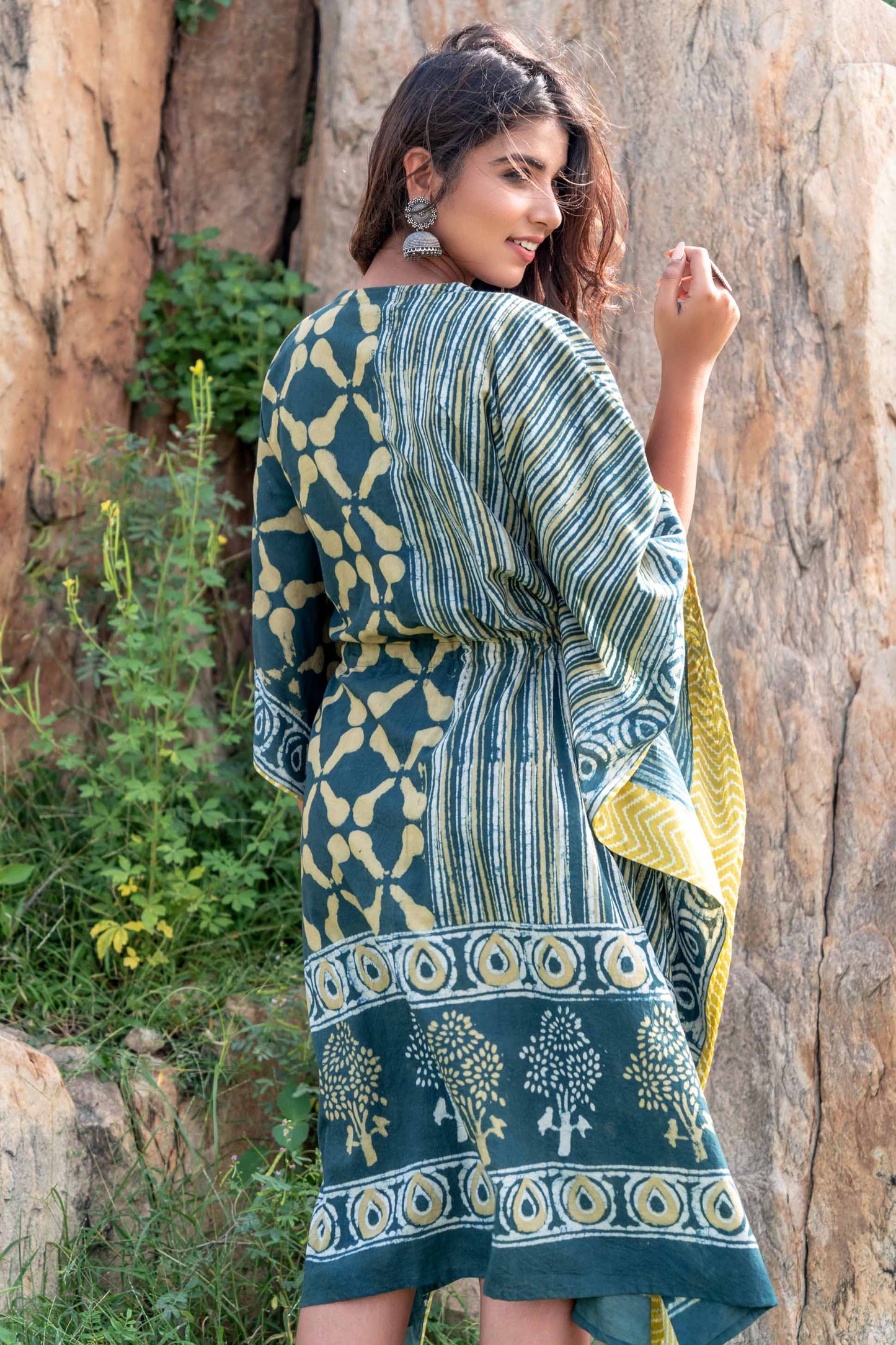 TEAL GREEN DESIGNER BLOCK PRINT KAFTAN DRESS-NVK230