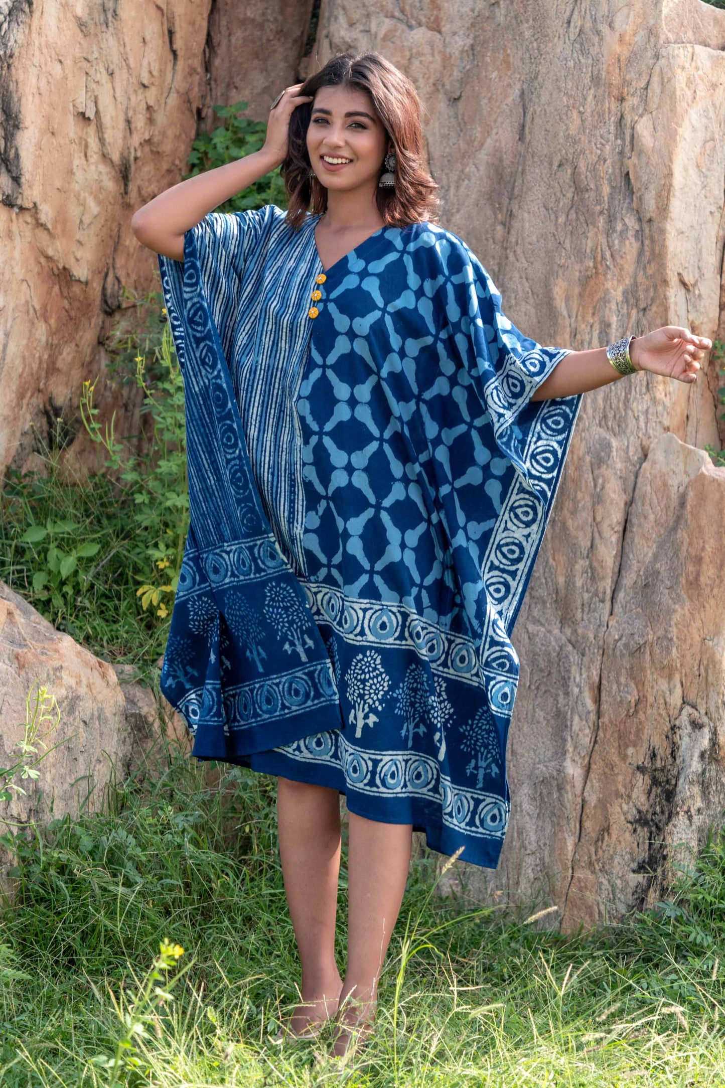 INDIGO DESIGNER BLOCK PRINT KAFTAN DRESS-NVK231