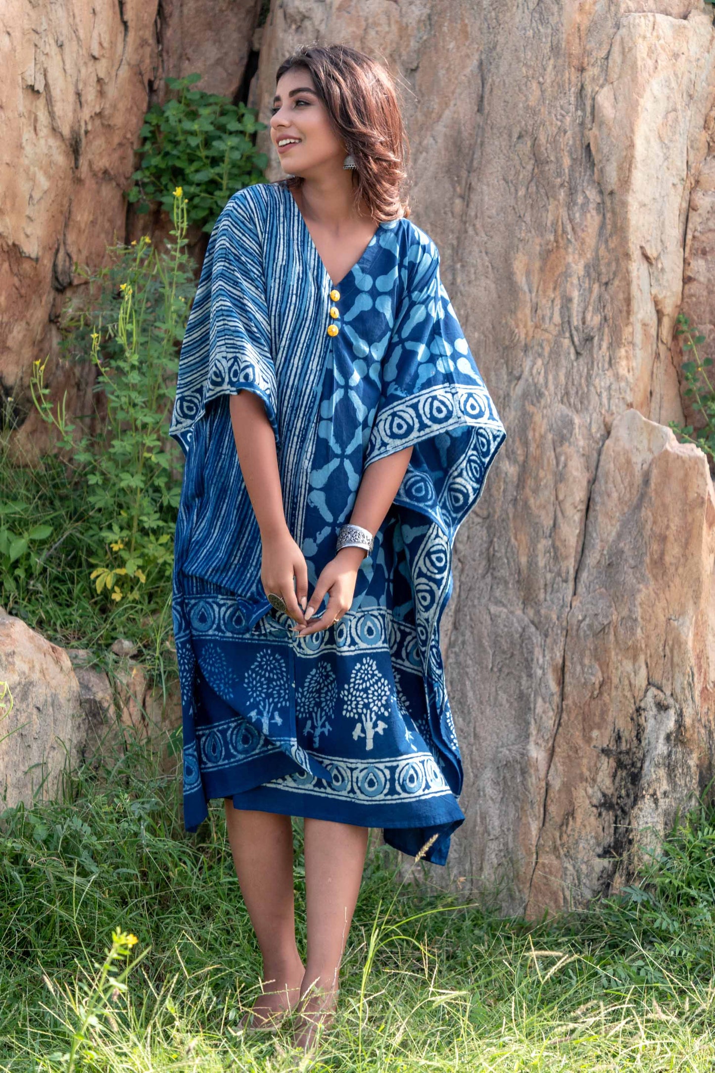 INDIGO DESIGNER BLOCK PRINT KAFTAN DRESS-NVK231