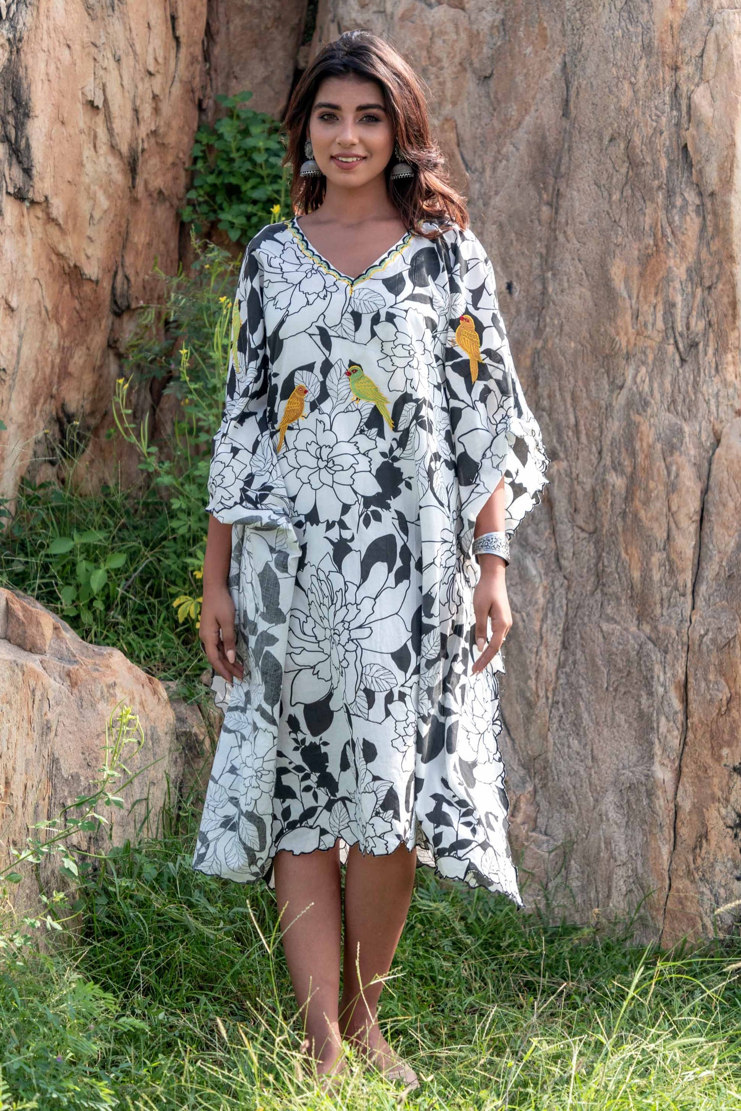 BIRD EMBROIDERED BLACK WHITE KAFTAN DRESS-NVK236