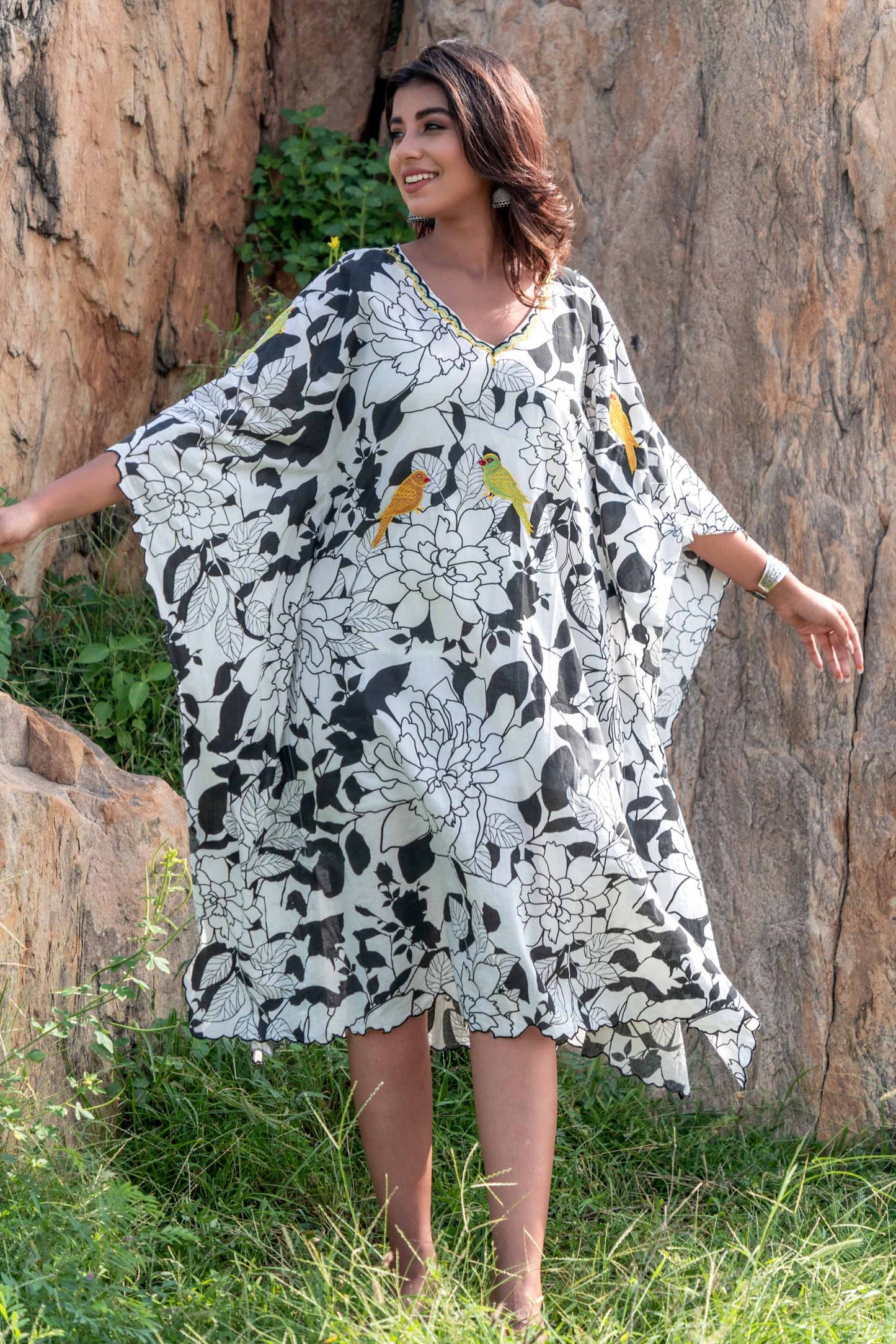 BIRD EMBROIDERED BLACK WHITE KAFTAN DRESS-NVK236