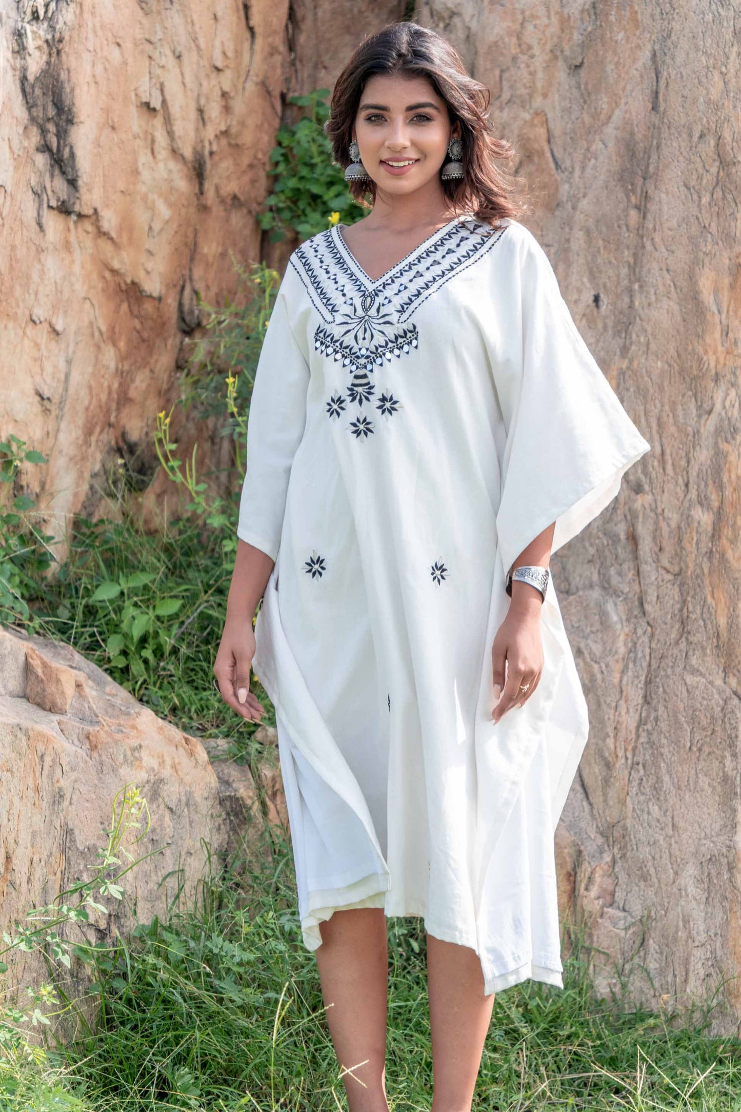 BLACK WHITE EMBROIDERED KHARI COTTON KAFTAN DRESS-NVK235