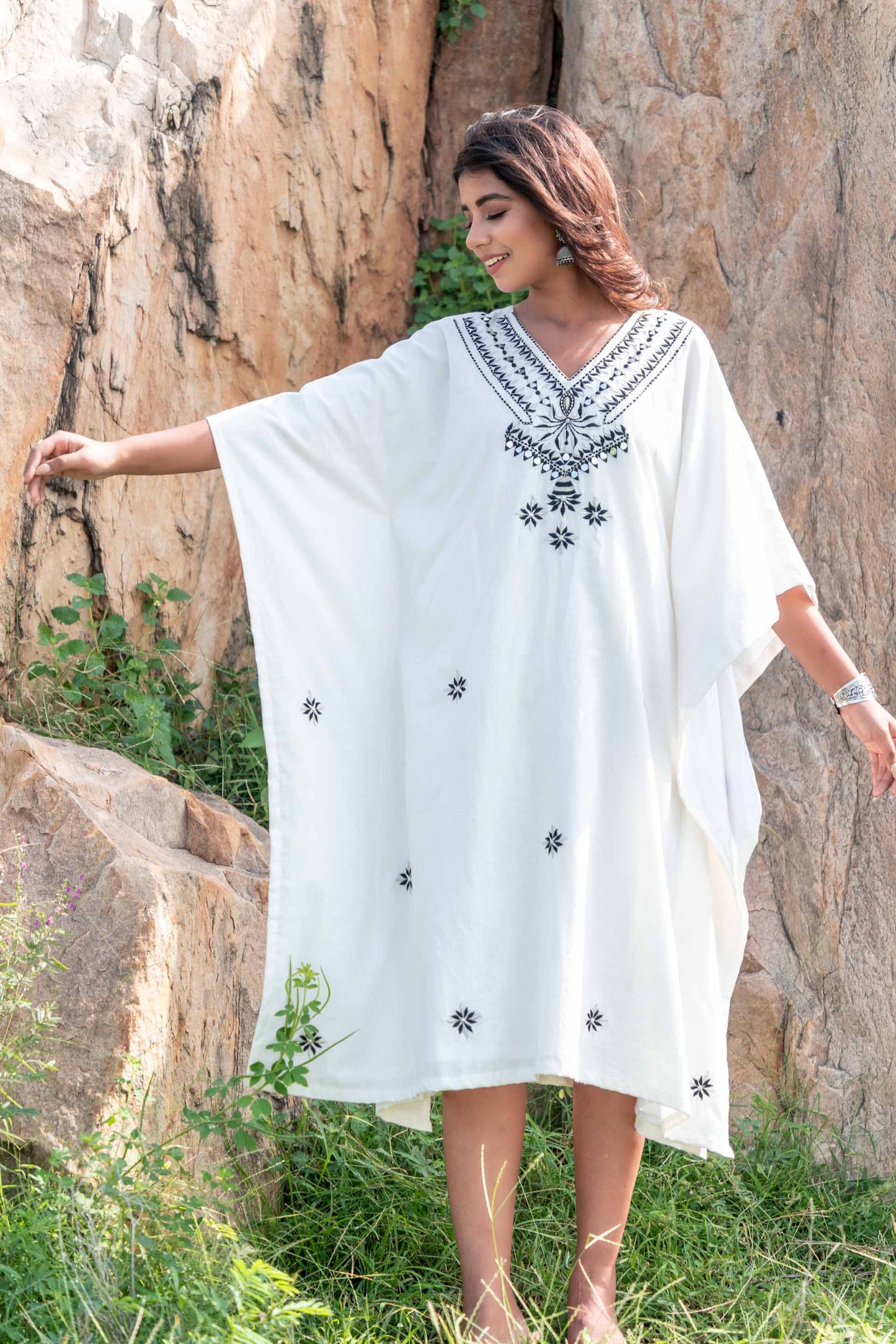 BLACK WHITE EMBROIDERED KHARI COTTON KAFTAN DRESS-NVK235