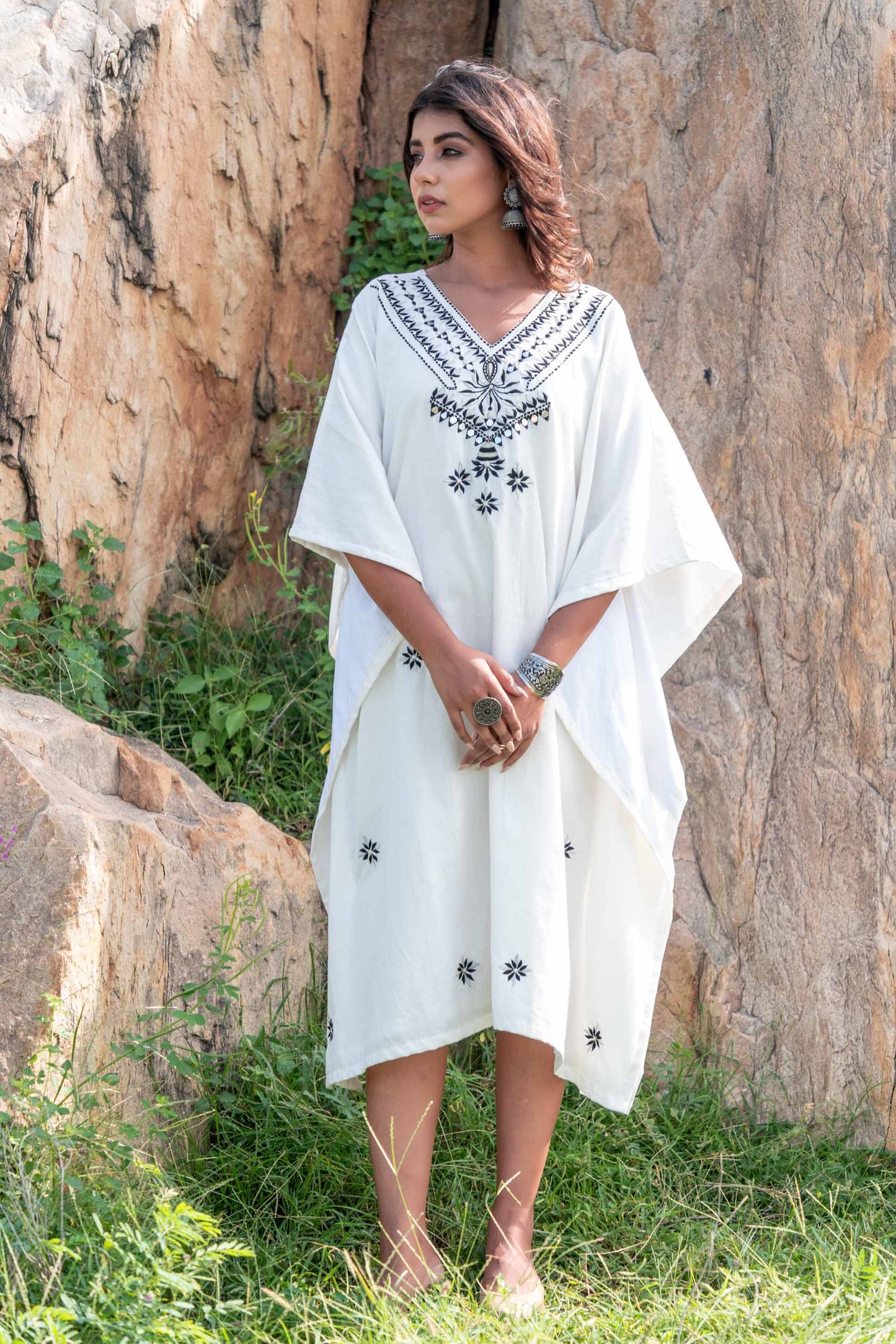 BLACK WHITE EMBROIDERED KHARI COTTON KAFTAN DRESS-NVK235