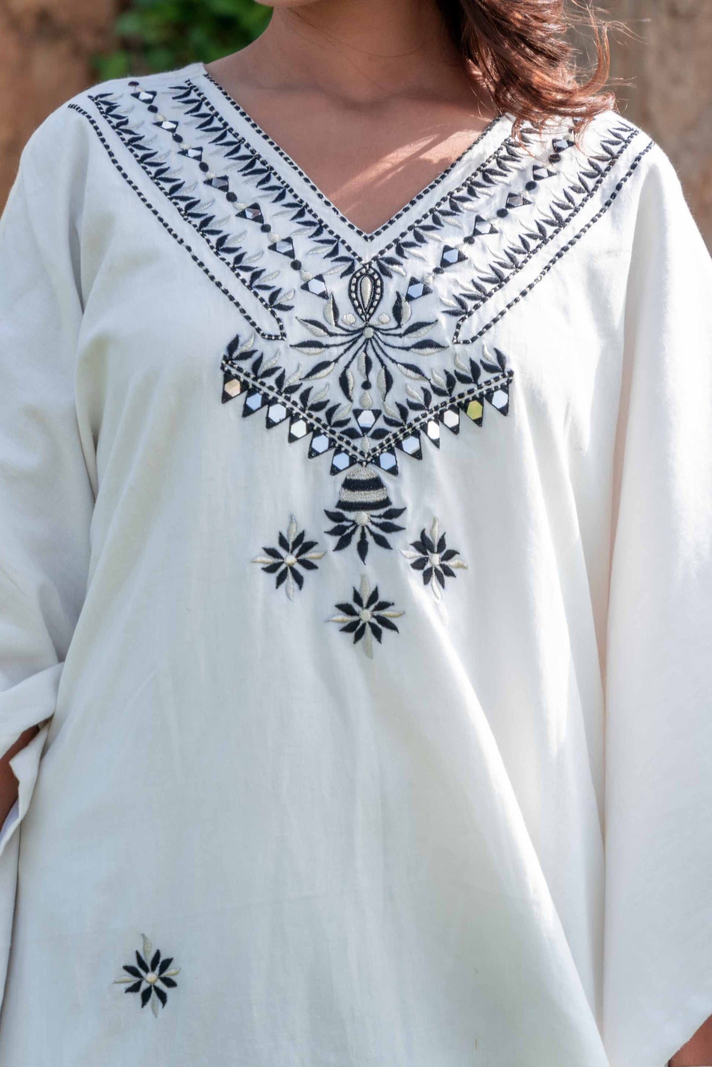 BLACK WHITE EMBROIDERED KHARI COTTON KAFTAN DRESS-NVK235