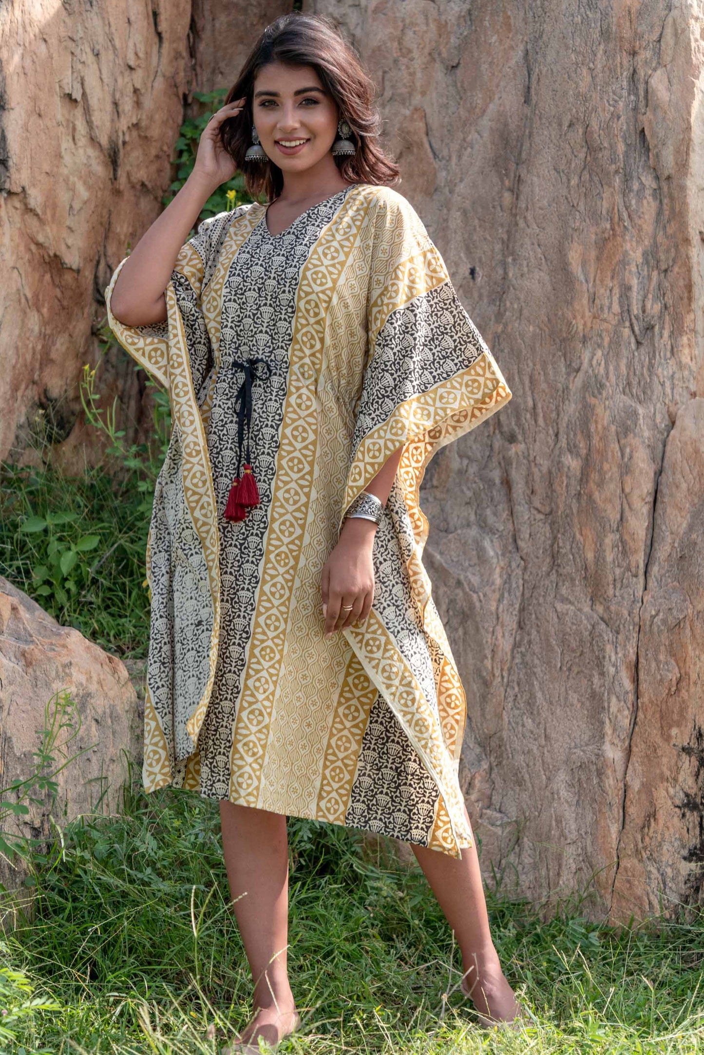 MUSTARD BLACK BLOCK PRINT KAFTAN DRESS-NVK228