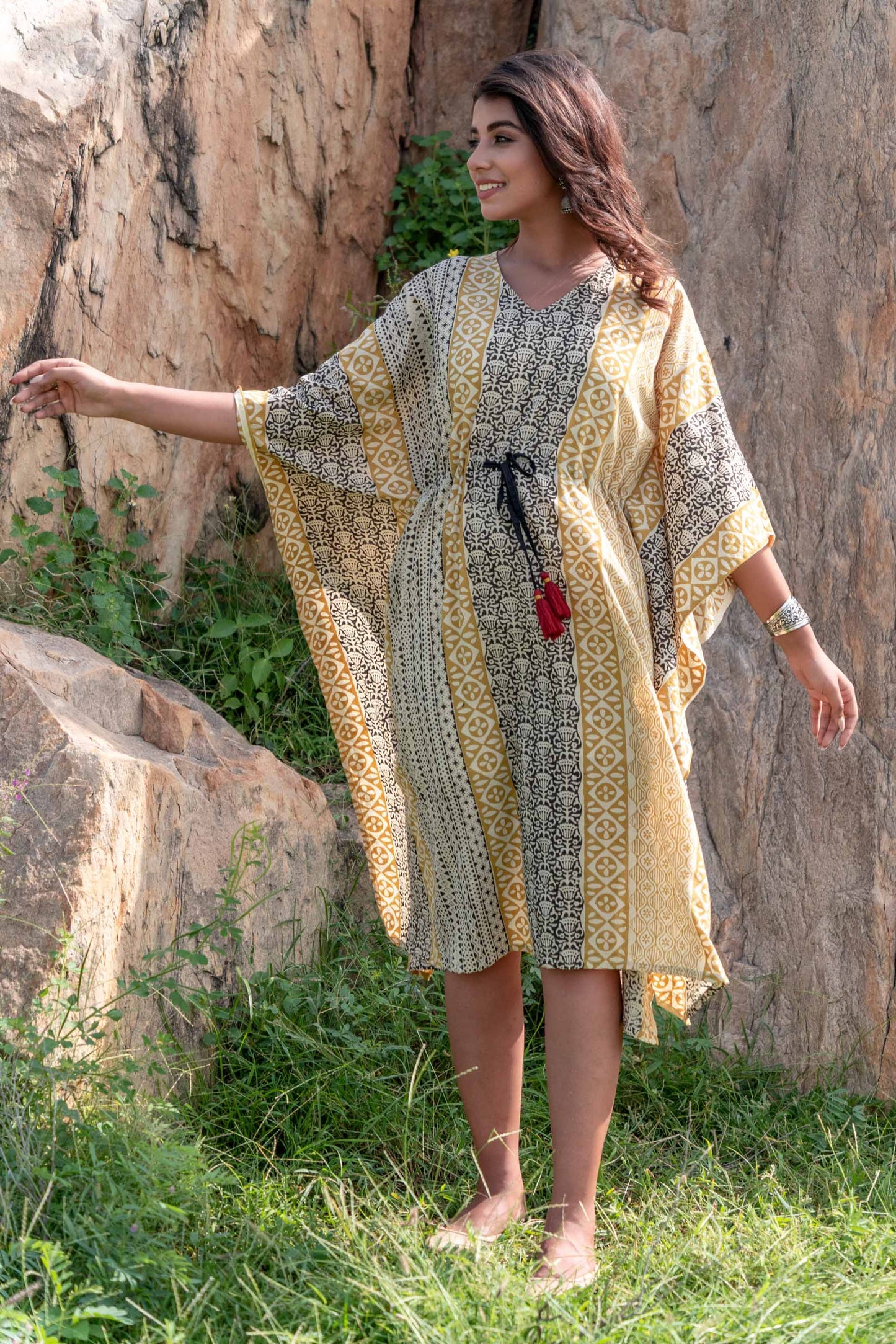 MUSTARD BLACK BLOCK PRINT KAFTAN DRESS-NVK228