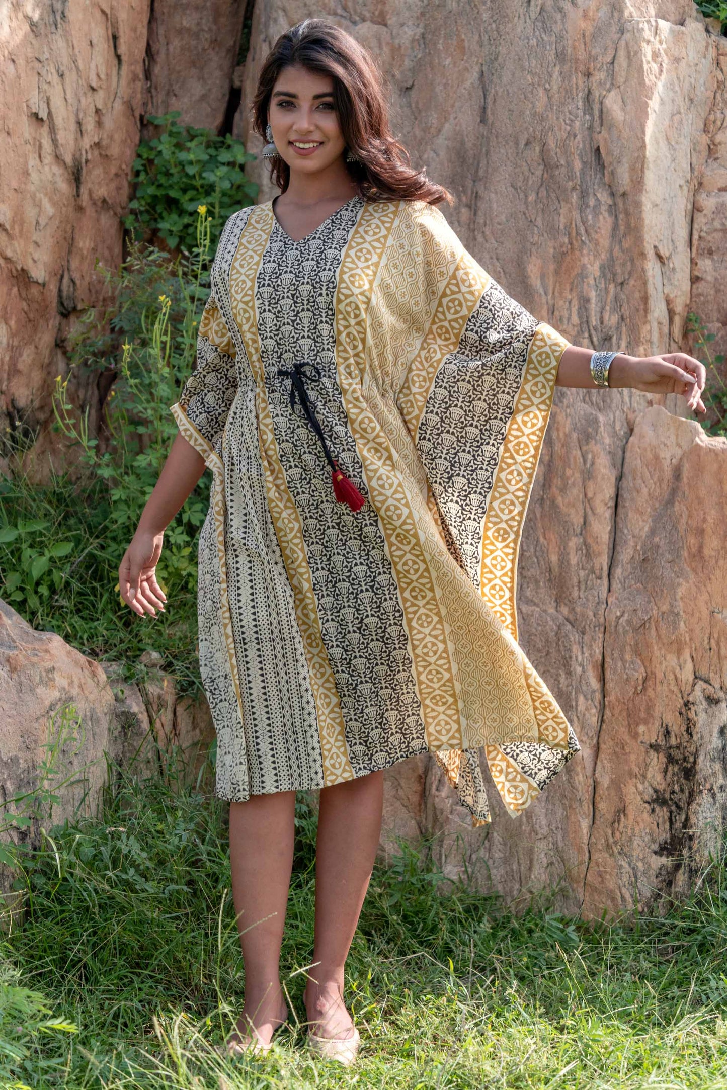 MUSTARD BLACK BLOCK PRINT KAFTAN DRESS-NVK228