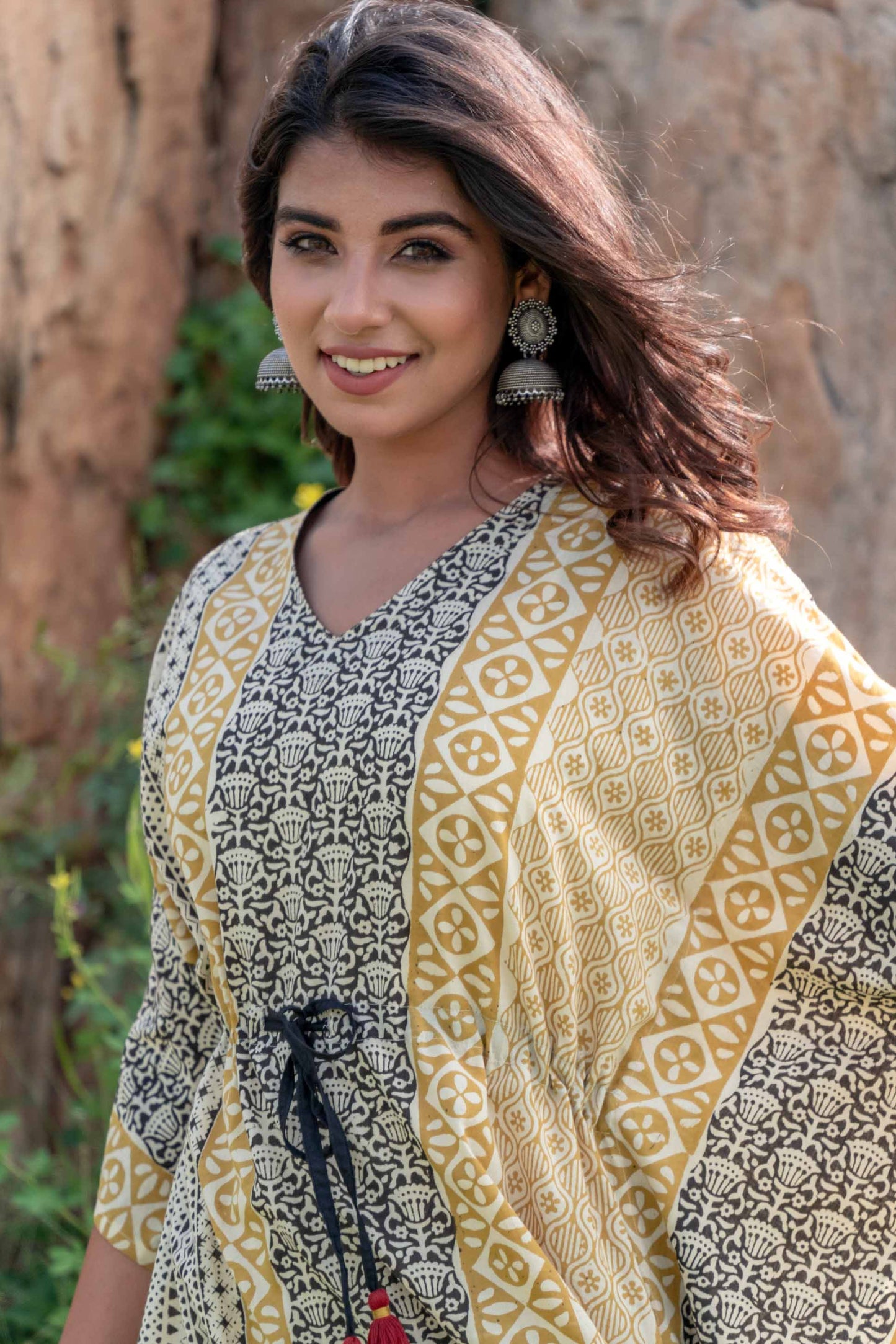 MUSTARD BLACK BLOCK PRINT KAFTAN DRESS-NVK228