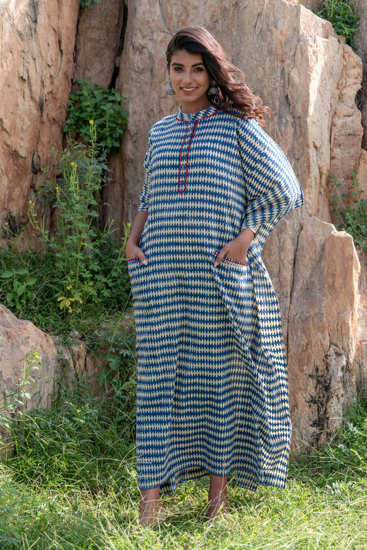 BAGRU HAND BLOCK PRINTED EMBROIDERED COTTON KAFTAN-NVK249