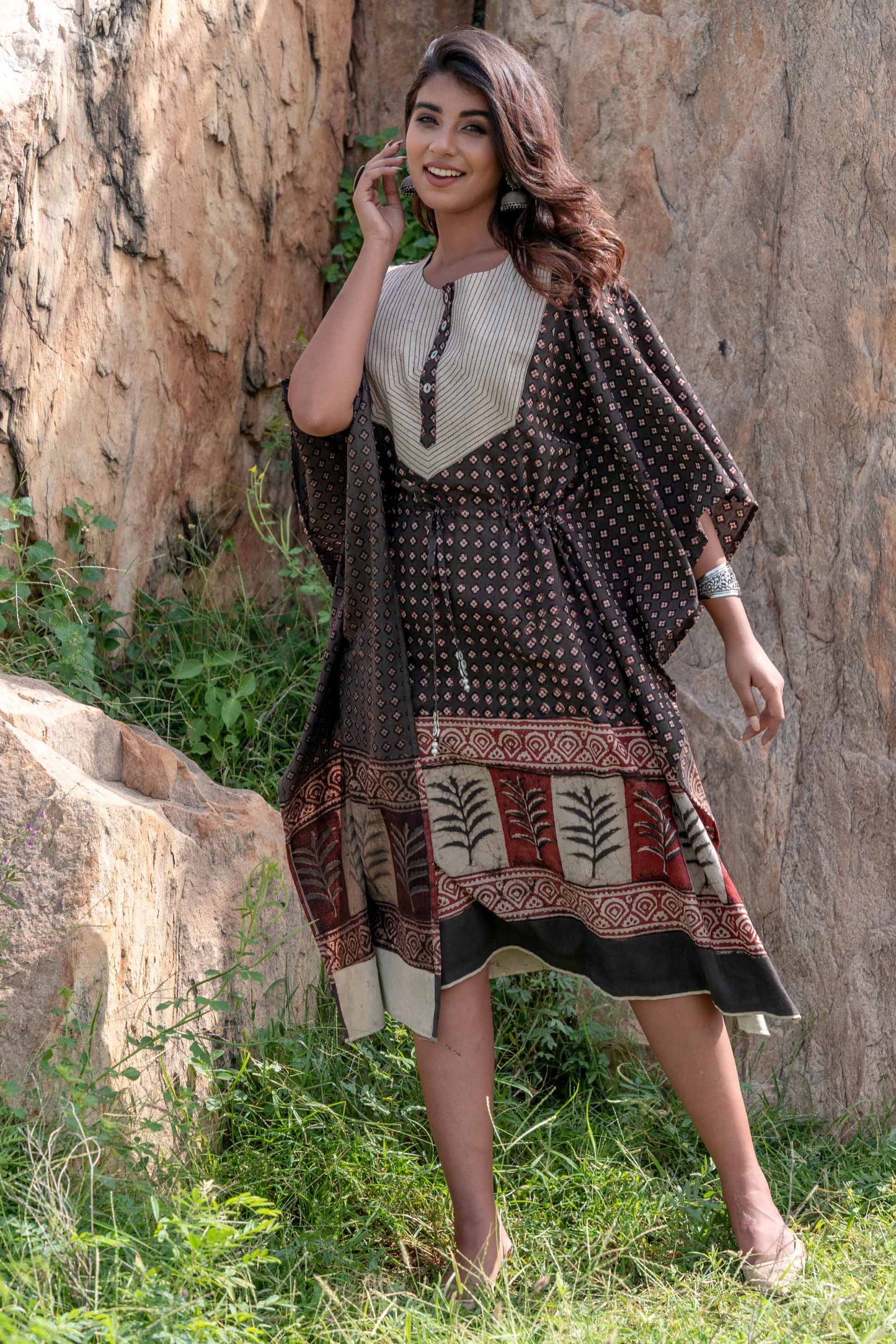 NATURAL DYE KASHISH BLOCK PRINTED COTTON KAFTAN-NVK247