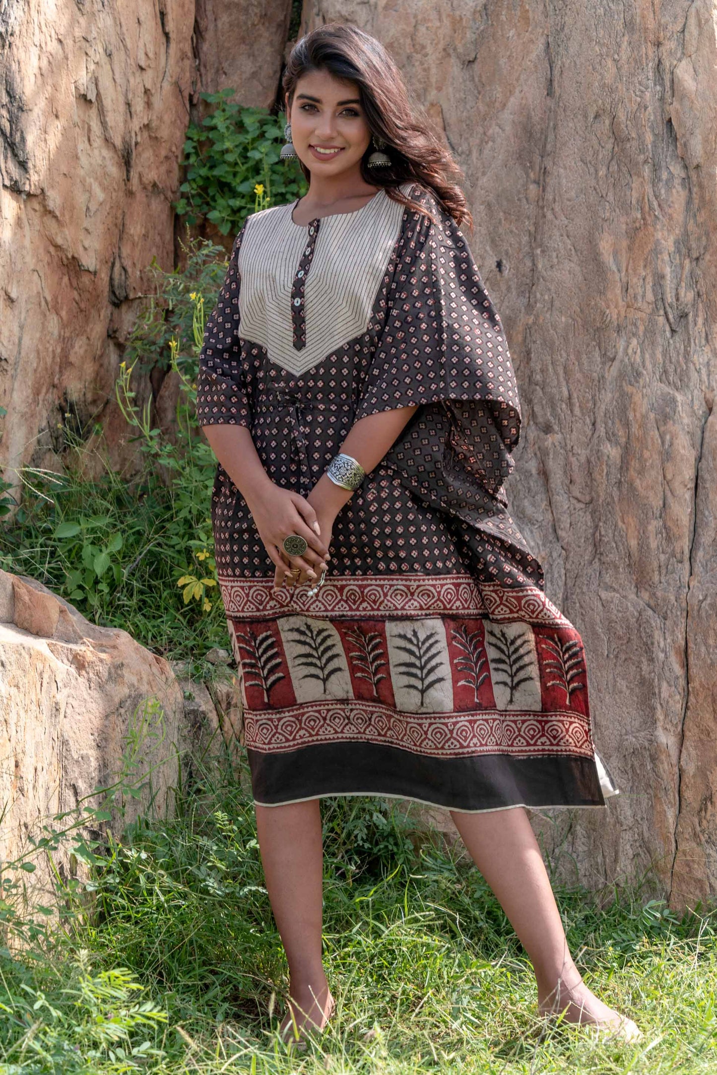 NATURAL DYE KASHISH BLOCK PRINTED COTTON KAFTAN-NVK247