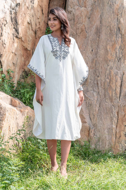 BLACK WHITE EMBROIDERED KHARI COTTON KAFTAN DRESS-NVK237