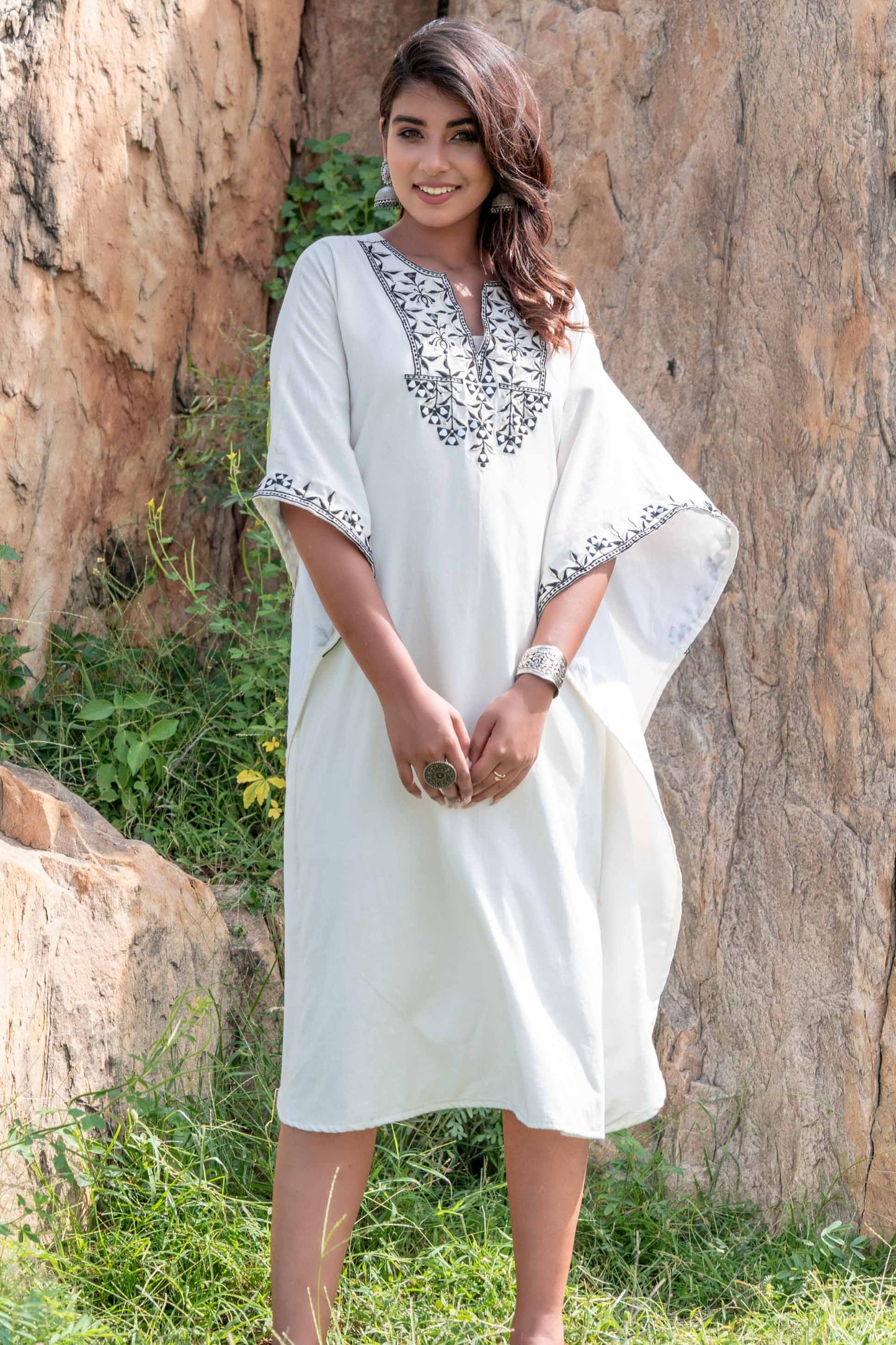 BLACK WHITE EMBROIDERED KHARI COTTON KAFTAN DRESS-NVK237