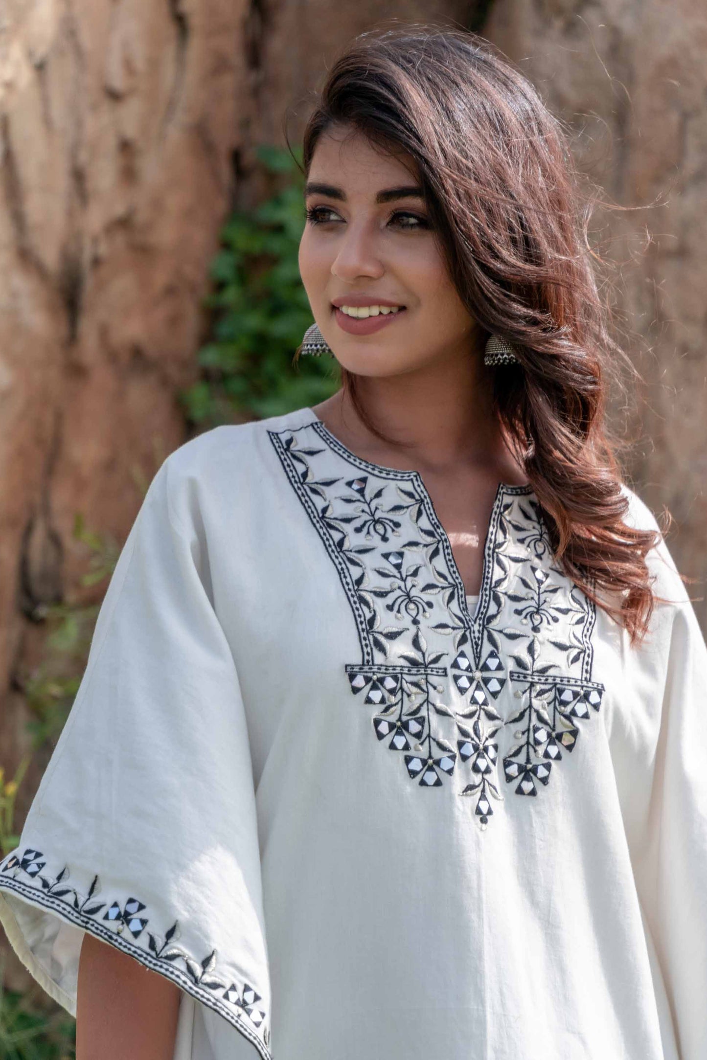 BLACK WHITE EMBROIDERED KHARI COTTON KAFTAN DRESS-NVK237