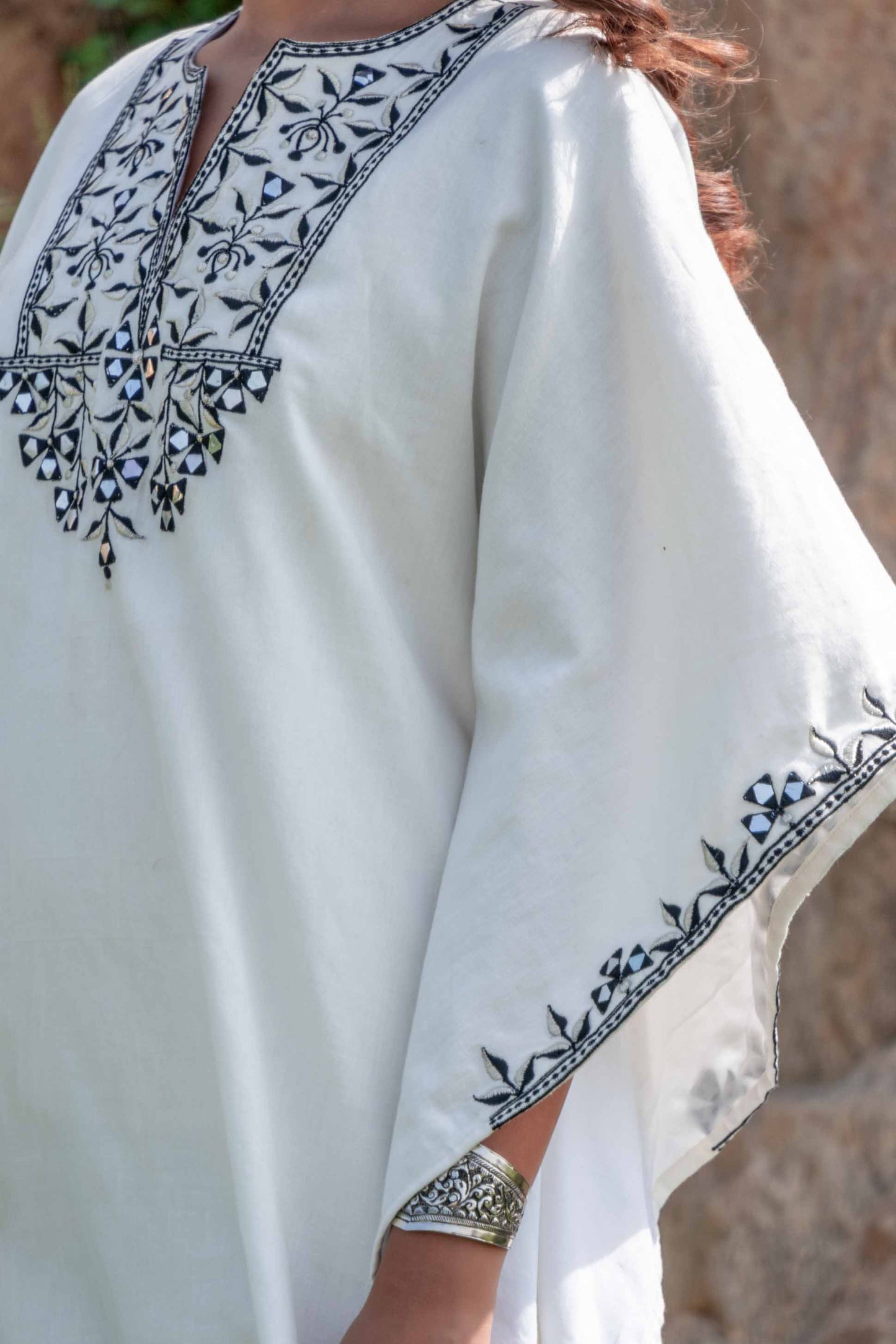 BLACK WHITE EMBROIDERED KHARI COTTON KAFTAN DRESS-NVK237