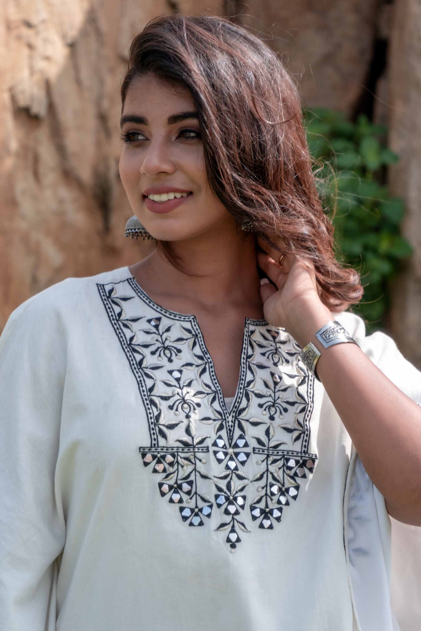 BLACK WHITE EMBROIDERED KHARI COTTON KAFTAN DRESS-NVK237