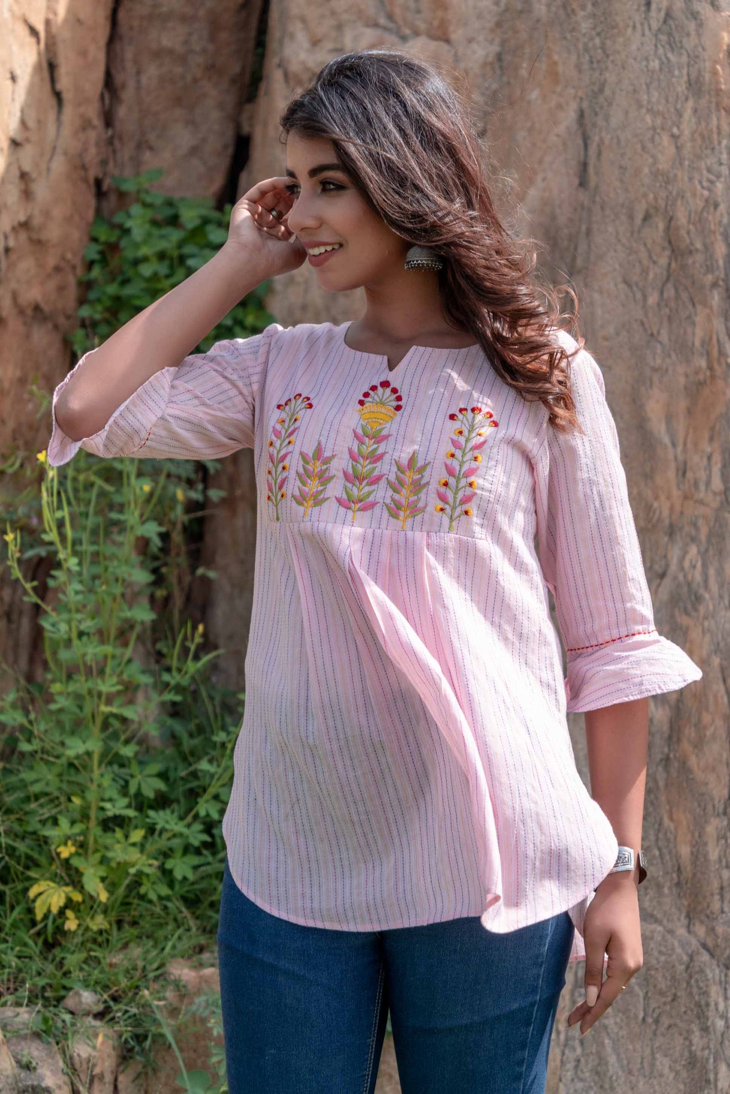 PINK EMBROIDERED COTTON KANTHA TOP-NVT28