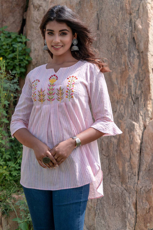 PINK EMBROIDERED COTTON KANTHA TOP-NVT28