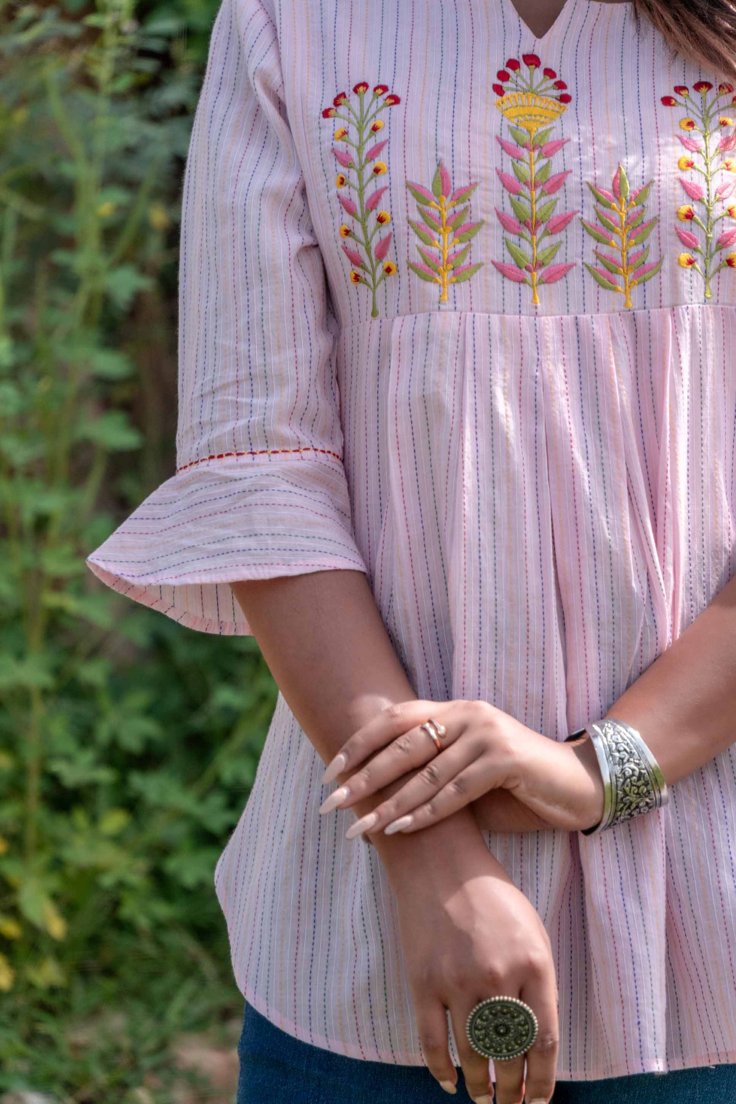 PINK EMBROIDERED COTTON KANTHA TOP-NVT28