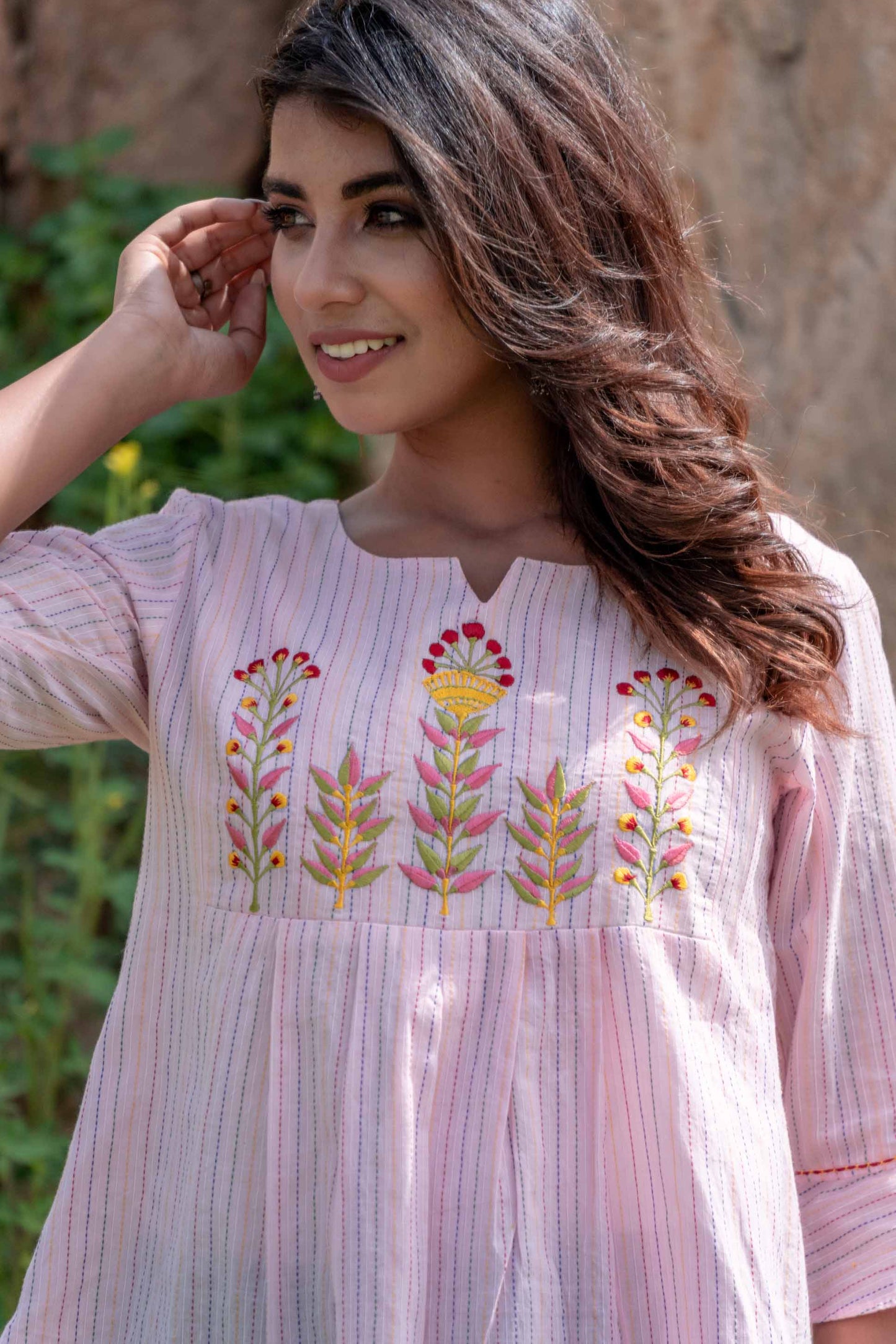 PINK EMBROIDERED COTTON KANTHA TOP-NVT28