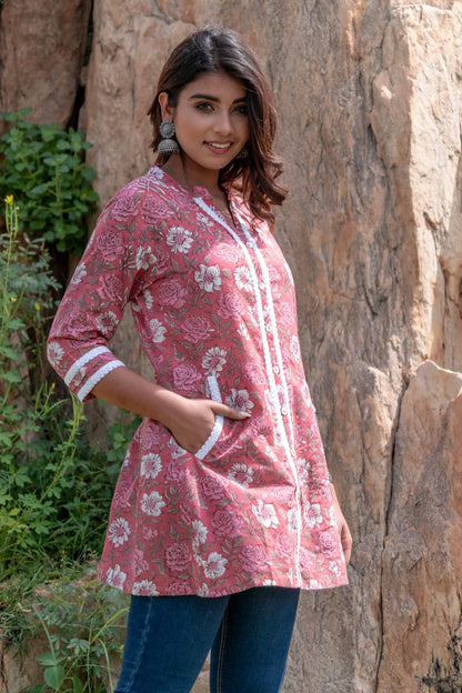 PINK FLORAL BLOCK PRINT LACE TOP-NVT30
