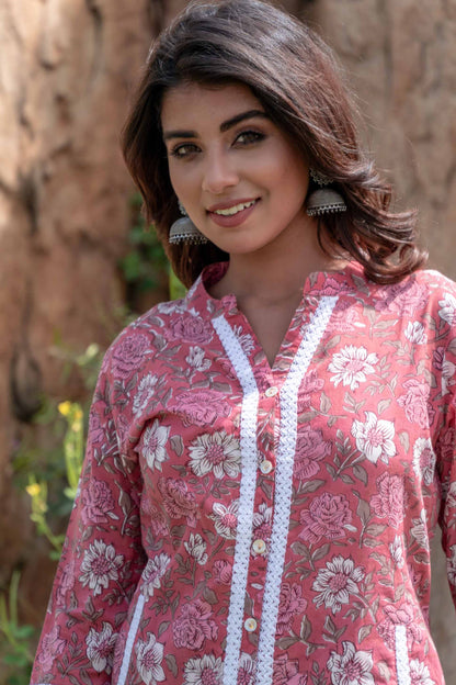 PINK FLORAL BLOCK PRINT LACE TOP-NVT30